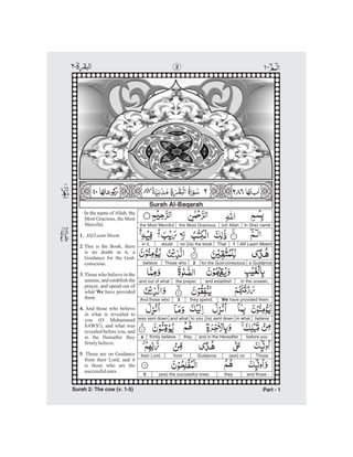 -2
Surah Al-Baqarah
In the name of Allah, the
Most Gracious, the Most
Merciful.
.This is the Book, there
is no doubt in it, a
Guidance for the God-
conscious.
. Those who believe in the
unseen, and establish the
prayer, and spend out of
what have provided
them.
And those who believe
in what is revealed to
you (O Muhammad
SAWS!), and what was
revealed before you, and
in the Hereafter they
firmlybelieve.
. Those are on Guidance
from their Lord, and it
is those who are the
successfulones.
1.
2
3
We
4.
5
AlifLaam Meem
the Most Merciful. the Most Gracious, (of) Allah, In (the) name
in it, That
believe
and out of what
And those who
was sent down
4
their Lord,
5
doubt no (is) the book 1 Alif Laam Meem
Those who 2 for the God-conscious. a Guidance
the prayer, and establish in the unseen,
3 they spend. We have provided them
and what to you (is) sent down in what believe
firmly believe. they and in the Hereafter before you
from Guidance (are) on Those
(are) the successful ones. they and those -
Surah 2: The cow (v. 1-5) Part - 1
 