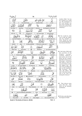 besides Allah,” but (on
the contrary) he would
say, “Be worshippers of
the Lord because you
have been teaching the
book and you have been
studyingit.”
Nor would he order
you to take the Angels
and the Prophets as
lords. Would he order
you to disbelief after you
havebecomeMuslims?
And when Allah took
the covenant of the
Prophets (saying),”
Certainly, whatever
have given you of the
Book and the wisdom,
then there comes to you a
Messenger confirming
that which is with you,
you must believe in him
and support him.”
said, “Do you affirm and
take on that (condition)
Covenant?” They
said, “We affirm.”
said, “Then bear witness,
and am with you
amongthewitnesses.”
Then whoever turns
away after that - then
those are the defiantly
disobedient.
Do they seek other than
thereligionofAllah?
80.
81.
I
He
My
He
I
82.
83.
of mebesides Allah,but (would say)“Be
becauseyou have beenteachingthe Book worshippers of the Lord
and becauseyou have beenstudying (it).”79And not
he will order youthatyou takethe Angels,and the Prophets
(as) lords.Would he order youto [the] disbeliefafter[when]
you (have become)Muslims?80And whenAllah took
covenant(of) the Prophets,“Certainly, whateverI (have) given youof
(the) Bookand wisdomthencomes to youa Messenger
confirmingthat which(is) with you,you must believein him
and you must help him.”He said,“Do you affirmand take
onthat (condition)My Covenant?”They said,“We affirm.”
He said,“Then bear witness,and I (am)with youamong
the witnesses.”81Then whoeverturns awayafter
that,then thosethey(are) the defiantly disobedient.82
So is (it) other than(the) religion(of) Allahthey seek?
Part - 3
79 -
Surah 3: The family of Imran (v. 80-83)
 