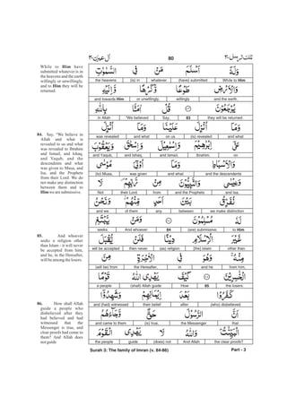 While to Him(have) submittedwhatever(is) inthe heavens
and the earth,willinglyor unwillingly,and towards Him
they will be returned.83Say,“We believedin Allah
and what(is) revealedon usand whatwas revealed
onIbrahim,and Ismail,and Ishaq,and Yaqub,
and the descendentsand whatwas given(to) Musa,
and Isa,and the Prophetsfromtheir Lord.Not
we make distinctionbetweenanyof themand we
to Him(are) submissive.84And whoeverseeks
other than[the] Islam(as) religionthen neverwill be accepted
from him,and heinthe Hereafter,(will be) from
the losers.85How(shall) Allah guidea people
(who) disbelievedaftertheir beliefand (had) witnessed
thatthe Messenger(is) true,and came to them
the clear proofs?And Allah(does) notguidethe people
Part - 3
80 -
While to have
submitted whatever is in
the heavens and the earth
willingly or unwillingly,
and to they will be
returned.
Say, “We believe in
Allah and what is
revealed to us and what
was revealed to Ibrahim
and Ismail, and Ishaq,
and Yaqub, and the
descendents and what
was given to Musa, and
Isa, and the Prophets
from their Lord. We do
not make any distinction
between them and to
wearesubmissive.
And whoever
seeks a religion other
than Islam - it will never
be accepted from him,
and he, in the Hereafter,
willbeamongthelosers.
How shall Allah
guide a people who
disbelieved after they
had believed and had
witnessed that the
Messenger is true, and
clear proofs had come to
them? And Allah does
notguide
Him
Him
84.
Him
85.
86.
Surah 3: The family of Imran (v. 84-86)
 