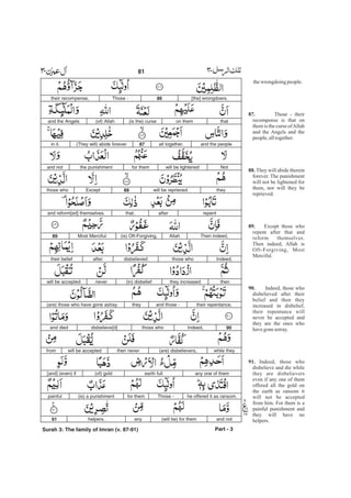 thewrongdoing people.
Those - their
recompense is that on
them is the curse ofAllah
and the Angels and the
people,alltogether.
They will abide therein
forever. The punishment
will not be lightened for
them, nor will they be
reprieved.
Except those who
repent after that and
reform themselves.
Then indeed, Allah is
Oft-Forgiving, Most
Merciful.
Indeed, those who
disbelieved after their
belief and then they
increased in disbelief,
their repentance will
never be accepted and
they are the ones who
havegoneastray.
Indeed, those who
disbelieve and die while
they are disbelievers
even if any one of them
offered all the gold on
the earth as ransom it
will not be accepted
from him. For them is a
painful punishment and
they will have no
helpers.
87.
88.
89.
90.
91.
[the] wrongdoers.86Those -their recompense,
thaton them(is the) curse(of) Allahand the Angels
and the peopleall together.87(They will) abide foreverin it.
Notwill be lightenedfor themthe punishmentand not
theywill be reprieved.88Exceptthose who
repentafterthat,and reform[ed] themselves.
Then indeed,Allah(is) Oft-Forgiving,Most Merciful.89
Indeed,those whodisbelievedaftertheir belief
then(in) disbeliefneverwill be accepted they increased
their repentance,and those -they(are) those who have gone astray.
90Indeed,those whodisbelieve[d]and died
while they(are) disbelievers,then neverwill be acceptedfrom
any one of themearth full(of) gold[and] (even) if
he offered it as ransom.Those -for them(is) a punishmentpainful
and not(will be) for themanyhelpers.91
Part - 3
81 -
Surah 3: The family of Imran (v. 87-91)
 