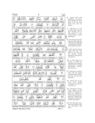 6.
7.
8
9.
10.
11.
12.
13.
14.
Indeed, those who
disbelieve, it is same to
them whether you warn
them or do not warn
them, they will not
believe.
Allah has set a seal
on their hearts and on
their hearing, and on
their vision is a veil.
And for them is a great
punishment.
. And among the people
there are some who say,
“We believe inAllah and
in the Last Day,” but they
arenotbelievers(atall).
They seek to deceive
Allah and those who
believe, but they do
not deceive except
themselves and they do
notrealizeit.
In their hearts is a
disease, so Allah has
increased their disease,
and for them is a painful
punishment because
theyused tolie.
And when it is said to
them, “Do not spread
corruption on the earth,”
they say, “We are only
reformers.”
Indeed, they are the
ones who spread
corruption, but they do
not realize it.
And when it is said to
them, “Believe as the
people have believed,”
they say, “Should we
believe as the fools have
believed?” Indeed, they
themselves are the fools,
buttheydo notknow.
And when they meet
those who believe, they
say, “We believe.” But
when
Indeed,those whodisbelieve[d],(it) is sameto themwhether you warn themor
notyou warn them,notthey believe.6Allah has set a sealon
their heartsand ontheir hearing,and ontheir vision(is) a veil.And for them
(is) a punishmentgreat.7And ofthe people(are some) whosay,
“We believedin Allahand in the Day[the] Last,”but notthey(are) believers (at all).
8They seek to deceive Allahand those whobelieve[d],and notthey deceive
exceptthemselves,and notthey realize (it).9Intheir hearts
(is) a disease,so Allah increased them(in) disease;and for them(is) a punishment
painfulbecausethey used to[they] lie.10And whenit is saidto them,
“(Do) notspread corruptioninthe earth,”they say,“Onlywe(are) reformers.”
11Beware,indeed theythemselves(are) the ones who spread corruption,
[and] butnotthey realize (it).12And whenit is saidto them,“Believe
asbelievedthe people,”they say,“Should we believeasbelievedthe fools?”
Beware,certainly theythemselves(are) the fools[and] butnotthey know.13
And whenthey meetthose whobelieve[d],they say,“We believe [d].”But when
Surah 2: The cow (v. 6-14) Part - 1
3 -
 