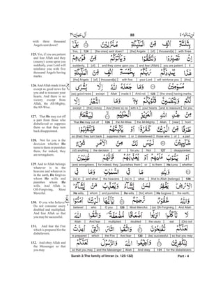 with threethousand[s][of][the] Angels[the ones] sent down?124Yes,
ifyou are patientand fear (Allah)and they come upon you[of]suddenly,
[this]will reinforce youyour Lordwith fivethousand[s][of][the] Angels
[the ones] having marks.125And notmade itAllahexcept(as) good news
for youand to reassureyour heartswith it.And (there is) no[the] victoryexcept
from[near]Allah,the All-Mighty,the All-Wise.126That He may cut off
a partofthose whodisbelievedorsuppress themso (that) they turn back
disappointed.127Notfor youofthe decision(of) anything
whetherHe turnsto themorpunishes themfor indeed, they(are) wrongdoers.
128And to Allah (belongs)what(is) inthe heavensand what(is) in
the earth,He forgives[for] whomHe willsand punisheswhomHe wills.
And Allah(is) Oft-Forgiving,Most Merciful.129O youwhobelieve!
(Do) noteatthe usurydoubledmultiplied.And fearAllah
so that you may(be) successful.130And fearthe Firewhichis prepared
for the disbelievers.131And obeyAllahand the Messengerso that you may
Part - 4
with three thousand
Angels sentdown?
Yes, if you are patient
and fear Allah and they
(enemy) come upon you
suddenly, your Lord will
reinforce you with five
thousand Angels having
marks.
AndAllah made it not
except as good news for
you and to reassure your
hearts. And there is no
victory except from
Allah, the All-Mighty,
theAll-Wise.
That may cut off
a part from those who
disbelieved or suppress
them so that they turn
backdisappointed.
Not for you is the
decision whether
turns to them or punishes
them, for indeed, they
arewrongdoers.
. And to Allah belongs
whatever is in the
heavens and whatever is
in the earth, forgives
whom wills and
punishes whom
wills. And Allah is
Oft-Forgiving, Most
Merciful.
O you who believe!
Do not consume usury
doubled and multiplied.
And fear Allah so that
you maybesuccessful.
And fear the Fire
which is prepared for the
disbelievers.
And obey Allah and
the Messenger so that
you may
125.
126.
127. He
128.
He
129
He
He
He
130.
131.
132.
88 -
Surah 3:The family of Imran (v. 125-132)
 