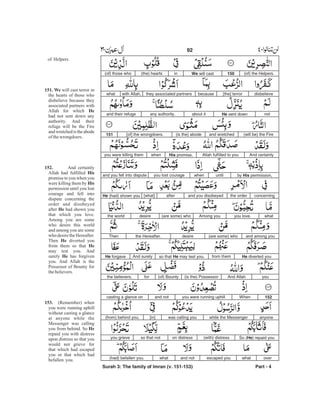 (of) the Helpers.150We will castin(the) hearts(of) those who
disbelieve[the] terrorbecausethey associated partnerswith Allah,what
notHe sent downabout itany authority,and their refuge
(will be) the Fireand wretched(is the) abode[of] the wrongdoers.151
And certainlyAllah fulfilled to youHis promise,whenyou were killing them
by His permission,untilwhenyou lost courageand you fell into dispute
concerningthe orderand you disobeyedafter[what]He (had) shown you
whatyou love.Among you(are some) whodesirethe world
and among you(are some) whodesirethe Hereafter.Then
He diverted youfrom themso that He may test you.And surelyHe forgave
you.And Allah(is the) Possessor(of) Bountyforthe believers.
152Whenyou were running uphilland notcasting a glance on
anyonewhile the Messengerwas calling you[in](from) behind you.
So (He) repaid you(with) distresson distressso that notyou grieve
overwhatescaped youand notwhat(had) befallen you.
Surah 3: The family of Imran (v. 151-153) Part - 4
of Helpers.
will cast terror in
the hearts of those who
disbelieve because they
associated partners with
Allah for which
had not sent down any
authority. And their
refuge will be the Fire
andwretchedistheabode
of thewrongdoers.
And certainly
Allah had fulfilled
promise to you when you
were killing them by
permission until you lost
courage and fell into
dispute concerning the
order and disobeyed
after had shown you
that which you love.
Among you are some
who desire this world
and among you are some
who desire the Hereafter.
Then diverted you
from them so that
may test you. And
surely has forgiven
you. And Allah is the
Possessor of Bounty for
thebelievers.
(Remember) when
you were running uphill
without casting a glance
at anyone while the
Messenger was calling
you from behind. So
repaid you with distress
upon distress so that you
would not grieve for
that which had escaped
you or that which had
befallen you.
151. We
He
152.
His
His
He
He
He
He
153.
He
92 -
 