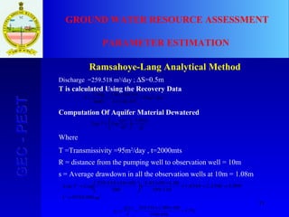 11
GEC-PESTGEC-PEST GROUND WATER RESOURCE ASSESSMENT
PARAMETER ESTIMATION
Ramsahoye-Lang Analytical Method
Discharge =259.518 m3
/day ; ∆S=0.5m
T is calculated Using the Recovery Data
Computation Of Aquifer Material Dewatered
Where
T =Transmissivity =95m2
/day , t=2000mts
R = distance from the pumping well to observation well = 10m
s = Average drawdown in all the observation wells at 10m = 1.08m
daym
S
Q
T /95
5.014.34
518.25930.2
4
30.2 2
=
××
×
=
∆
=
π
Q
Ts
T
rQ
LogVLog
45.5
4
2
+





=
mV
LogVLog
3
896.9749
989.31546.28344.1
518.259
08.19545.5
380
1010518.259
=
=+=
××
+




 ××
=
%7.3
896.9749
100389.1518.259
=
××
=
×
=
V
tQ
SY
 
