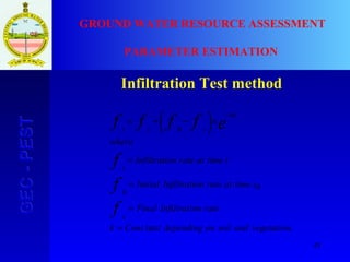 45
GEC-PESTGEC-PEST GROUND WATER RESOURCE ASSESSMENT
PARAMETER ESTIMATION
Infiltration Test method
.tan
0
0
0
vegetationandsoilondependingtConsk
rateonInfiltratiFinal
ttimeatrateonInfiltratiInitial
ttimeatrateonInfiltrati
where
f
f
f
effff
c
t
kt
cct
=
=
=
=
×





−+=
−
 