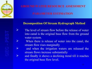 61
GEC-PESTGEC-PEST GROUND WATER RESOURCE ASSESSMENT
PARAMETER ESTIMATION
Decomposition Of Stream Hydrograph Method
 The level of stream flow before the release of water
into canal is the original base flow from the ground
water system.
 When there is release of water into the canal, the
stream flow rises marginally
 and when the irrigation waters are released the
stream flows increase substantially
 and finally it shows a declining trend till it reaches
the original base flow level.
 