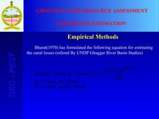 69
GEC-PESTGEC-PEST GROUND WATER RESOURCE ASSESSMENT
PARAMETER ESTIMATION
Empirical Methods
Bharat(1970) has formulated the following equation for estimating
the canal losses (refered By UNDP Ghaggar River Basin Studies)
DepthSupplyCanalD
WidthBedCanalB
DBC
KmCumecsinLossesSeepage
=
=
+
=
200
)( 3/2
/
 
