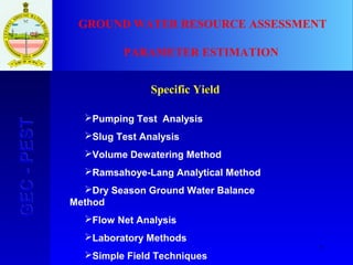 7
GEC-PESTGEC-PEST GROUND WATER RESOURCE ASSESSMENT
PARAMETER ESTIMATION
Specific Yield
Pumping Test Analysis
Slug Test Analysis
Volume Dewatering Method
Ramsahoye-Lang Analytical Method
Dry Season Ground Water Balance
Method
Flow Net Analysis
Laboratory Methods
Simple Field Techniques
 