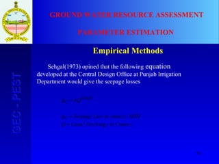 70
GEC-PESTGEC-PEST GROUND WATER RESOURCE ASSESSMENT
PARAMETER ESTIMATION
Empirical Methods
Sehgal(1973) opined that the following equation
developed at the Central Design Office at Punjab Irrigation
Department would give the seepage losses
CumecsineDischCanalQ
MSMcumecsinLossSeepageR
QR
C
C
arg
/
4 0625.0
=
=
=
 