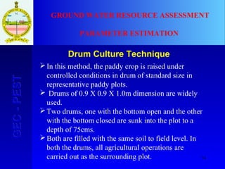 74
GEC-PESTGEC-PEST GROUND WATER RESOURCE ASSESSMENT
PARAMETER ESTIMATION
Drum Culture Technique
In this method, the paddy crop is raised under
controlled conditions in drum of standard size in
representative paddy plots.
 Drums of 0.9 X 0.9 X 1.0m dimension are widely
used.
Two drums, one with the bottom open and the other
with the bottom closed are sunk into the plot to a
depth of 75cms.
Both are filled with the same soil to field level. In
both the drums, all agricultural operations are
carried out as the surrounding plot.
 
