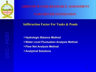 77
GEC-PESTGEC-PEST GROUND WATER RESOURCE ASSESSMENT
PARAMETER ESTIMATION
Infiltraction Factor For Tanks & Ponds
Hydrologic Balance Method
Water Level Fluctuation Analysis Method
Flow Net Analysis Method
Analytical Solutions
 