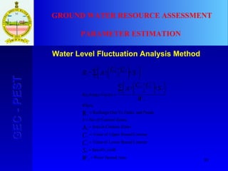 83
GEC-PESTGEC-PEST GROUND WATER RESOURCE ASSESSMENT
PARAMETER ESTIMATION
Water Level Fluctuation Analysis Method
AreaSpread
yieldSpecific
ContourBoundLowerofValue
ContourBoundUpperofValue
ineContour ZoinArea
nesContour ZoofNo.n
PondsandanksToDueRecharge
2
argRe
2
A
R
i
T
1
1
Water
T
Where
Factorech
W
S
C
C
W
SCCA
SCCAR
A
Y
L
U
A
n
i
Y
LU
i
n
i
Y
LU
iT
=
=
=
=
=
=
=








×






 +
×
=








×






 +
×=
∑
∑
=
=
 