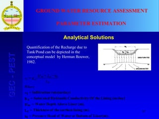 87
GEC-PESTGEC-PEST GROUND WATER RESOURCE ASSESSMENT
PARAMETER ESTIMATION
Analytical Solutions
Liner(m).ofBottomatWaterofHeadPressurehi
(m).liningearthentheofThicknessLc
(m).LinerAboveDepthWaterHw
(m/day)LiningtheOftyConductiviHydraulicSaturatedKc
)rate(m/dayonInfiltrativi
=
=
=
=
=
−+
=
Where
Lc
hiLcH w
Kcvi
Quantification of the Recharge due to
Tank/Pond can be depicted in the
conceptual model by Herman Bouwer,
1982.
 