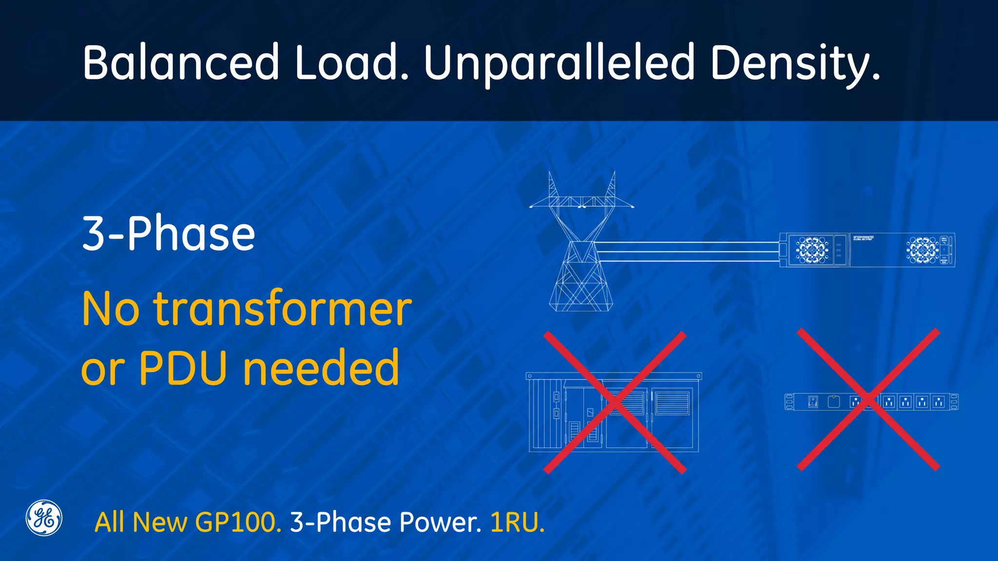 3-Phase
No transformer
or PDU needed
Balanced Load. Unparalleled Density.
All New GP100. 3-Phase Power. 1RU.
 
