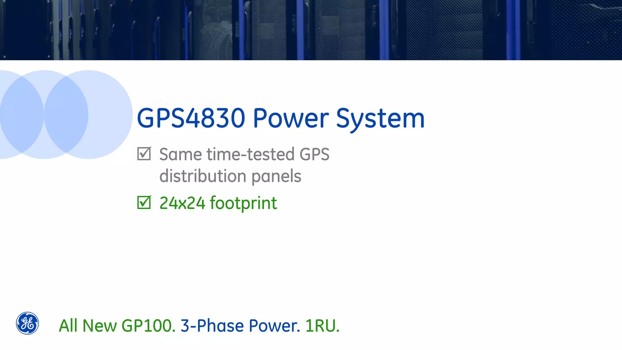  Same time-tested GPS
distribution panels
 24x24 footprint
GPS4830 Power System
All New GP100. 3-Phase Power. 1RU.
 