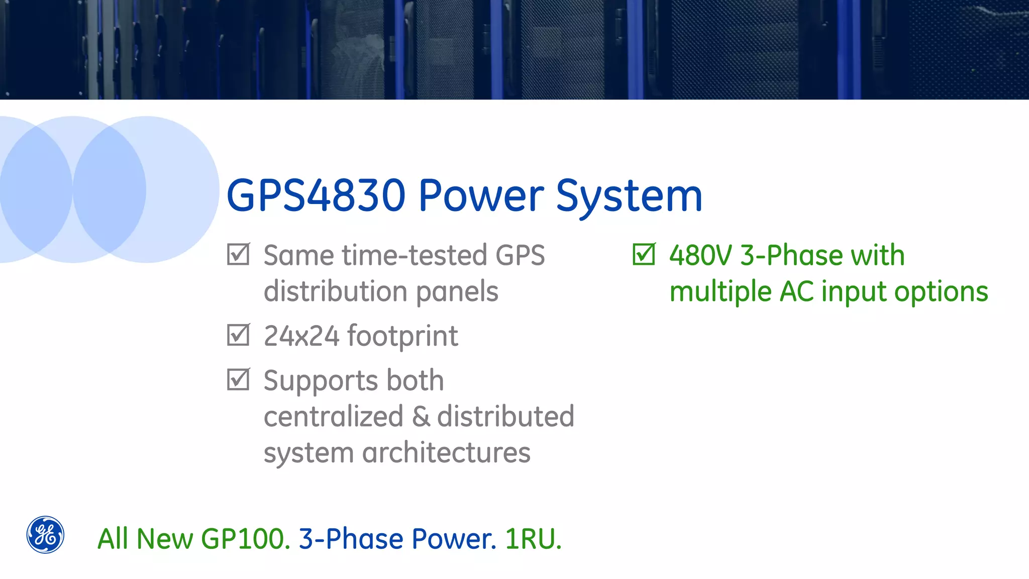  Same time-tested GPS
distribution panels
 24x24 footprint
 Supports both
centralized & distributed
system architectures
 480V 3-Phase with
multiple AC input options
GPS4830 Power System
All New GP100. 3-Phase Power. 1RU.
 