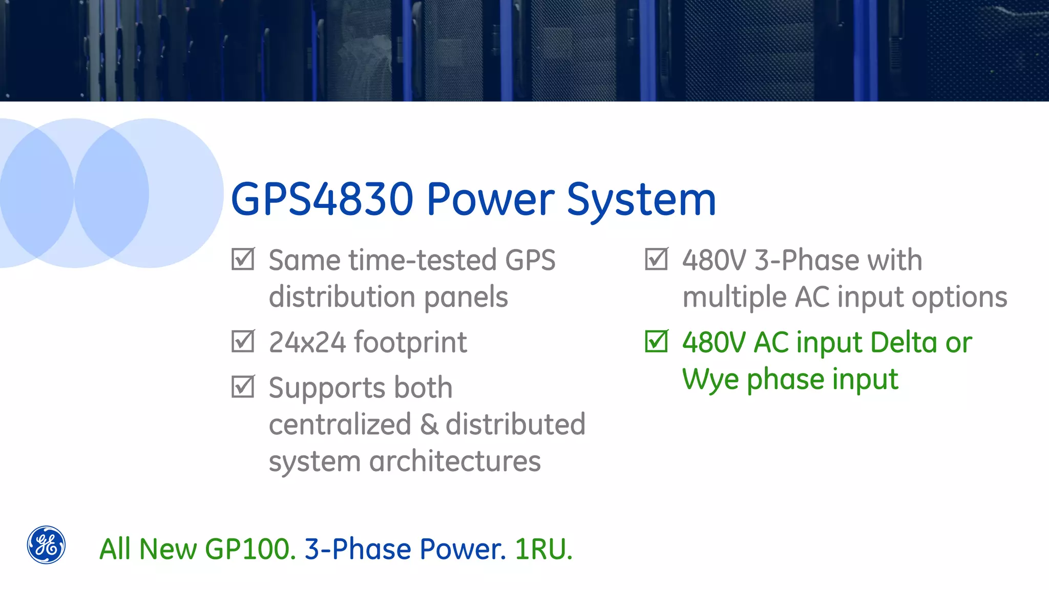  Same time-tested GPS
distribution panels
 24x24 footprint
 Supports both
centralized & distributed
system architectures
 480V 3-Phase with
multiple AC input options
 480V AC input Delta or
Wye phase input
GPS4830 Power System
All New GP100. 3-Phase Power. 1RU.
 