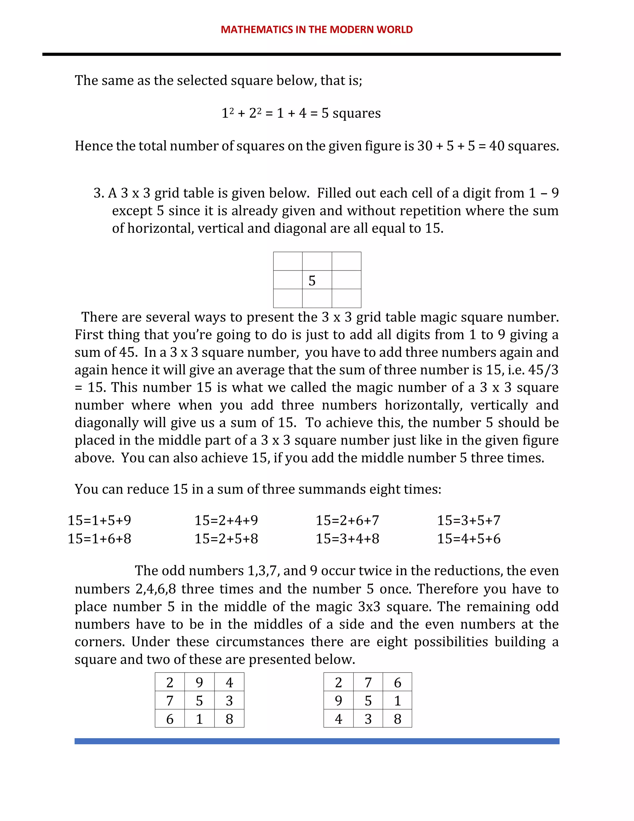 MATHEMATICS IN THE MODERN WORLD
The same as the selected square below, that is;
12 + 22 = 1 + 4 = 5 squares
Hence the total number of squares on the given figure is 30 + 5 + 5 = 40 squares.
3. A 3 x 3 grid table is given below. Filled out each cell of a digit from 1 – 9
except 5 since it is already given and without repetition where the sum
of horizontal, vertical and diagonal are all equal to 15.
5
There are several ways to present the 3 x 3 grid table magic square number.
First thing that you’re going to do is just to add all digits from 1 to 9 giving a
sum of 45. In a 3 x 3 square number, you have to add three numbers again and
again hence it will give an average that the sum of three number is 15, i.e. 45/3
= 15. This number 15 is what we called the magic number of a 3 x 3 square
number where when you add three numbers horizontally, vertically and
diagonally will give us a sum of 15. To achieve this, the number 5 should be
placed in the middle part of a 3 x 3 square number just like in the given figure
above. You can also achieve 15, if you add the middle number 5 three times.
You can reduce 15 in a sum of three summands eight times:
15=1+5+9 15=2+4+9 15=2+6+7 15=3+5+7
15=1+6+8 15=2+5+8 15=3+4+8 15=4+5+6
The odd numbers 1,3,7, and 9 occur twice in the reductions, the even
numbers 2,4,6,8 three times and the number 5 once. Therefore you have to
place number 5 in the middle of the magic 3x3 square. The remaining odd
numbers have to be in the middles of a side and the even numbers at the
corners. Under these circumstances there are eight possibilities building a
square and two of these are presented below.
2 9 4 2 7 6
7 5 3 9 5 1
6 1 8 4 3 8
 