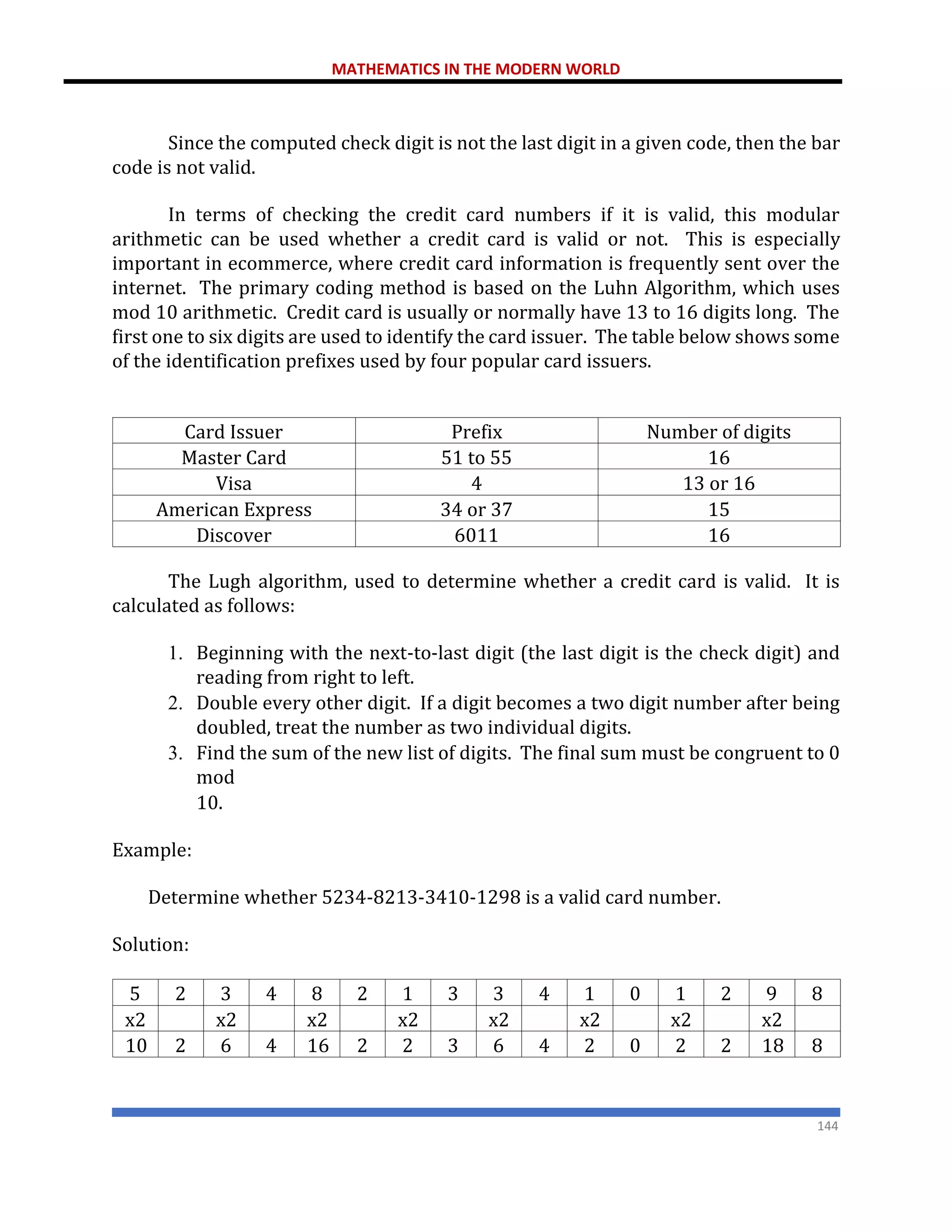 MATHEMATICS IN THE MODERN WORLD
144
Since the computed check digit is not the last digit in a given code, then the bar
code is not valid.
In terms of checking the credit card numbers if it is valid, this modular
arithmetic can be used whether a credit card is valid or not. This is especially
important in ecommerce, where credit card information is frequently sent over the
internet. The primary coding method is based on the Luhn Algorithm, which uses
mod 10 arithmetic. Credit card is usually or normally have 13 to 16 digits long. The
first one to six digits are used to identify the card issuer. The table below shows some
of the identification prefixes used by four popular card issuers.
Card Issuer Prefix Number of digits
Master Card 51 to 55 16
Visa 4 13 or 16
American Express 34 or 37 15
Discover 6011 16
The Lugh algorithm, used to determine whether a credit card is valid. It is
calculated as follows:
1. Beginning with the next-to-last digit (the last digit is the check digit) and
reading from right to left.
2. Double every other digit. If a digit becomes a two digit number after being
doubled, treat the number as two individual digits.
3. Find the sum of the new list of digits. The final sum must be congruent to 0
mod
10.
Example:
Determine whether 5234-8213-3410-1298 is a valid card number.
Solution:
5 2 3 4 8 2 1 3 3 4 1 0 1 2 9 8
x2 x2 x2 x2 x2 x2 x2 x2
10 2 6 4 16 2 2 3 6 4 2 0 2 2 18 8
 