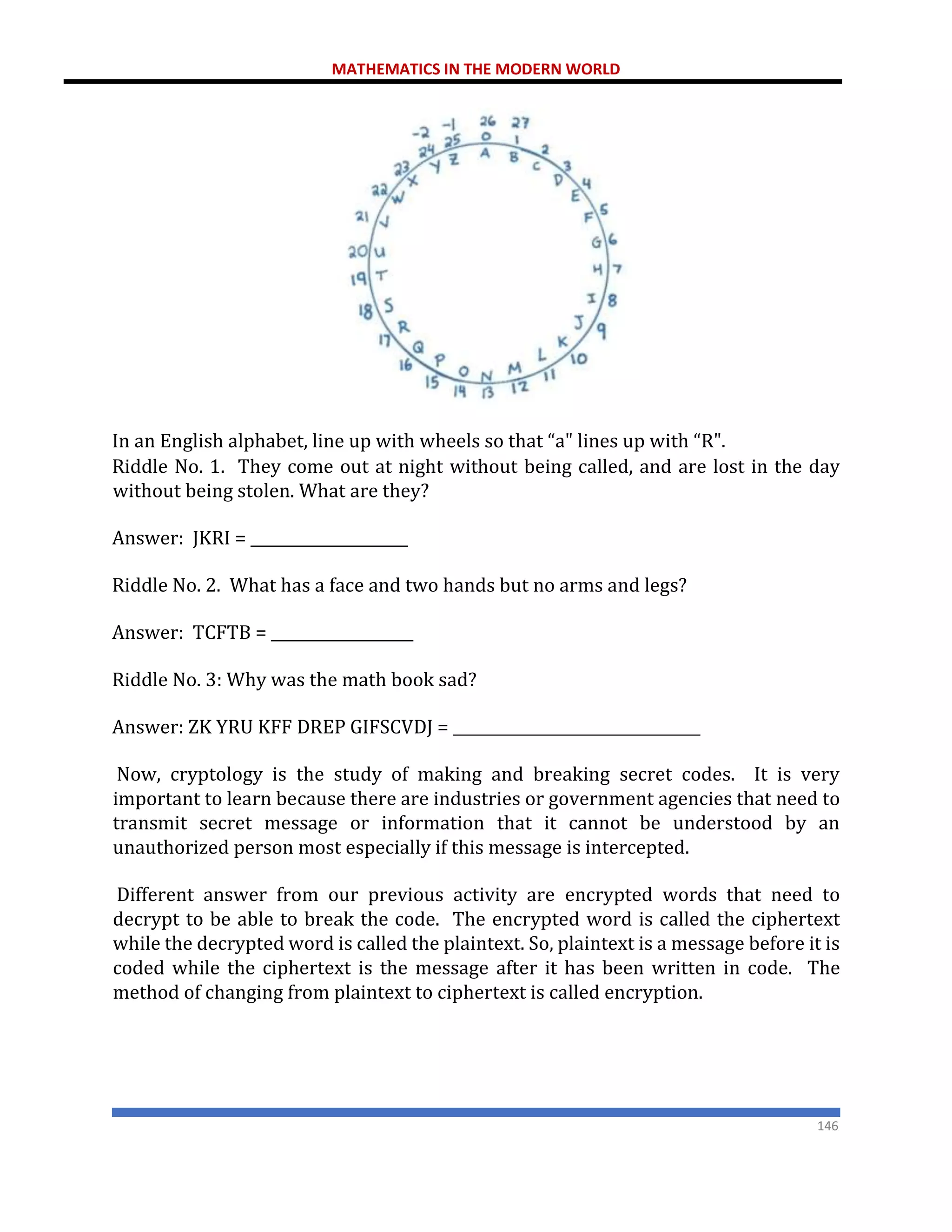 MATHEMATICS IN THE MODERN WORLD
146
In an English alphabet, line up with wheels so that “a" lines up with “R".
Riddle No. 1. They come out at night without being called, and are lost in the day
without being stolen. What are they?
Answer: JKRI = _____________________
Riddle No. 2. What has a face and two hands but no arms and legs?
Answer: TCFTB = ___________________
Riddle No. 3: Why was the math book sad?
Answer: ZK YRU KFF DREP GIFSCVDJ = _________________________________
Now, cryptology is the study of making and breaking secret codes. It is very
important to learn because there are industries or government agencies that need to
transmit secret message or information that it cannot be understood by an
unauthorized person most especially if this message is intercepted.
Different answer from our previous activity are encrypted words that need to
decrypt to be able to break the code. The encrypted word is called the ciphertext
while the decrypted word is called the plaintext. So, plaintext is a message before it is
coded while the ciphertext is the message after it has been written in code. The
method of changing from plaintext to ciphertext is called encryption.
 