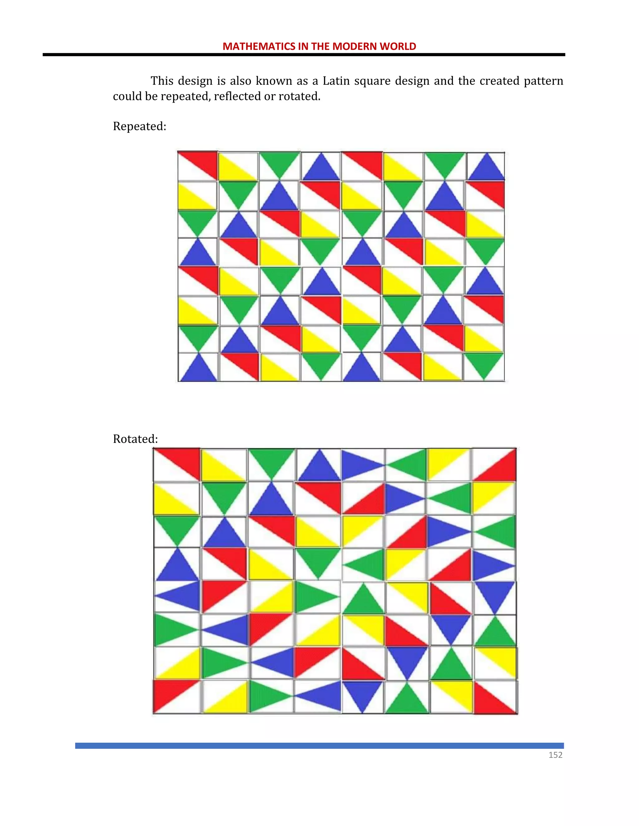 MATHEMATICS IN THE MODERN WORLD
152
This design is also known as a Latin square design and the created pattern
could be repeated, reflected or rotated.
Repeated:
Rotated:
 