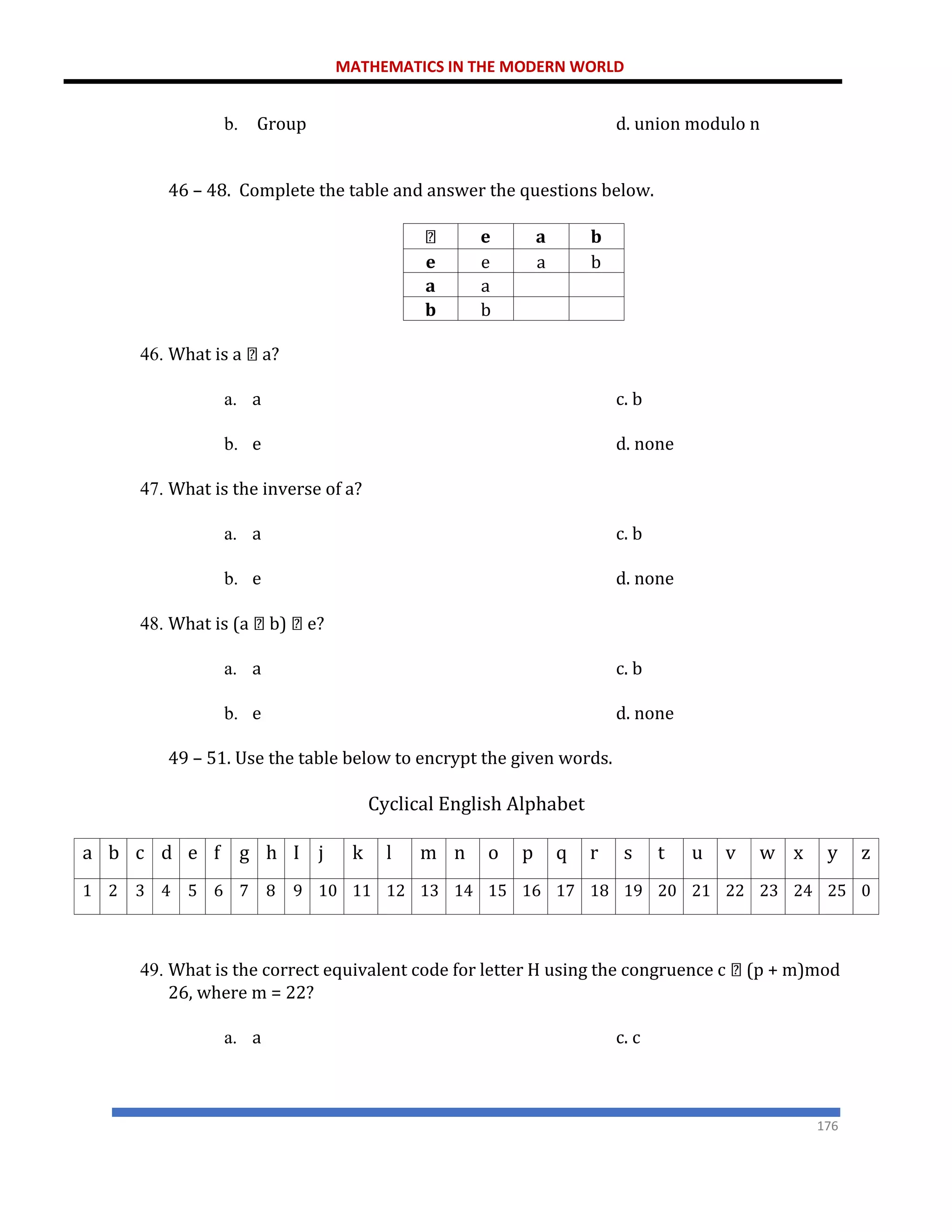 MATHEMATICS IN THE MODERN WORLD
176
b. Group d. union modulo n
46 – 48. Complete the table and answer the questions below.
e a b
e e a b
a a
b b
46. What is a a?
a. a c. b
b. e d. none
47. What is the inverse of a?
a. a c. b
b. e d. none
48. What is (a b) e?
a. a c. b
b. e d. none
49 – 51. Use the table below to encrypt the given words.
Cyclical English Alphabet
a b c d e f g h I j k l m n o p q r s t u v w x y z
1 2 3 4 5 6 7 8 9 10 11 12 13 14 15 16 17 18 19 20 21 22 23 24 25 0
49. What is the correct equivalent code for letter H using the congruence c (p + m)mod
26, where m = 22?
a. a c. c
 