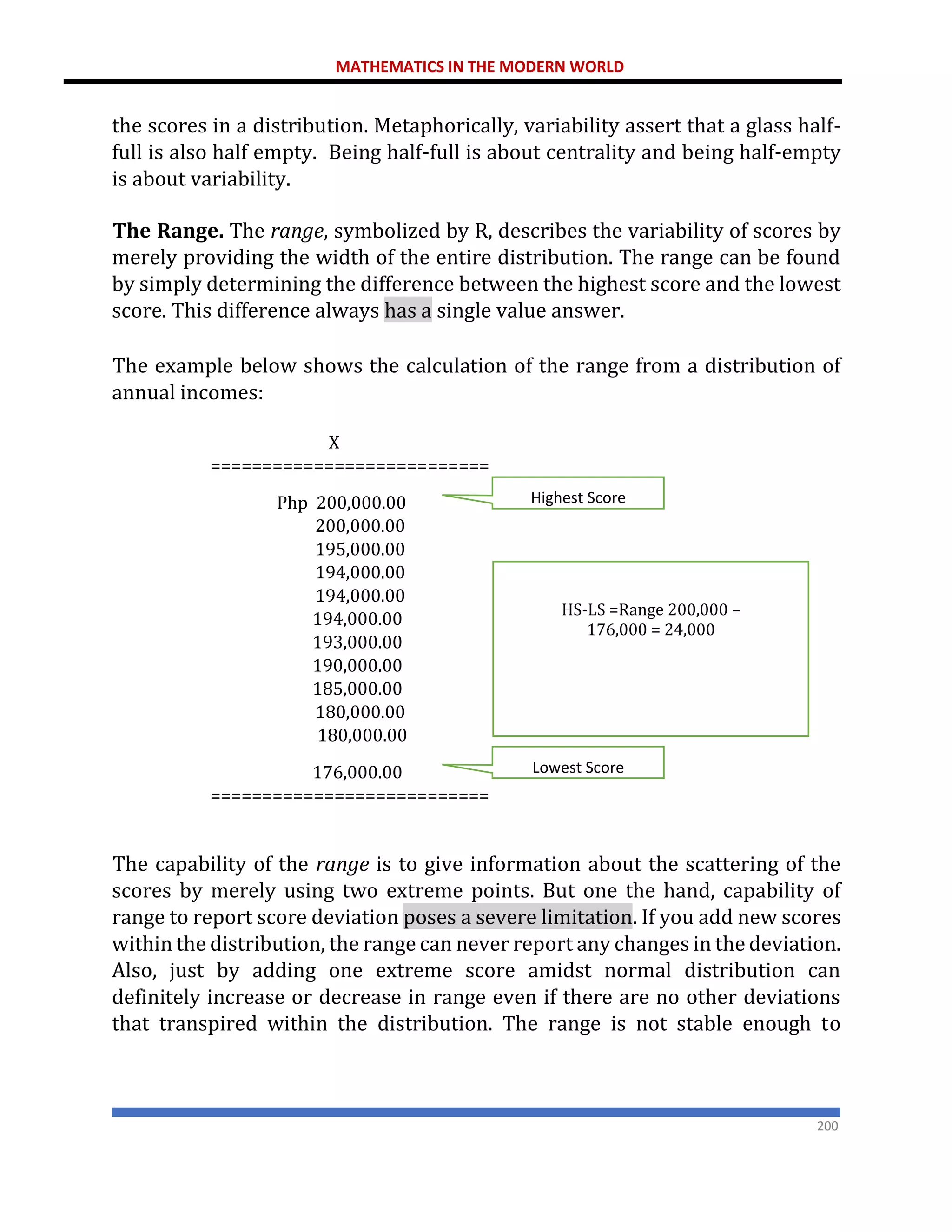 MATHEMATICS IN THE MODERN WORLD
200
the scores in a distribution. Metaphorically, variability assert that a glass half-
full is also half empty. Being half-full is about centrality and being half-empty
is about variability.
The Range. The range, symbolized by R, describes the variability of scores by
merely providing the width of the entire distribution. The range can be found
by simply determining the difference between the highest score and the lowest
score. This difference always has a single value answer.
The example below shows the calculation of the range from a distribution of
annual incomes:
X
===========================
Php 200,000.00
200,000.00
195,000.00
194,000.00
194,000.00
194,000.00
193,000.00
190,000.00
185,000.00
180,000.00
180,000.00
176,000.00
===========================
The capability of the range is to give information about the scattering of the
scores by merely using two extreme points. But one the hand, capability of
range to report score deviation poses a severe limitation. If you add new scores
within the distribution, the range can never report any changes in the deviation.
Also, just by adding one extreme score amidst normal distribution can
definitely increase or decrease in range even if there are no other deviations
that transpired within the distribution. The range is not stable enough to
HS-LS =Range 200,000 –
176,000 = 24,000
Highest Score
Lowest Score
 