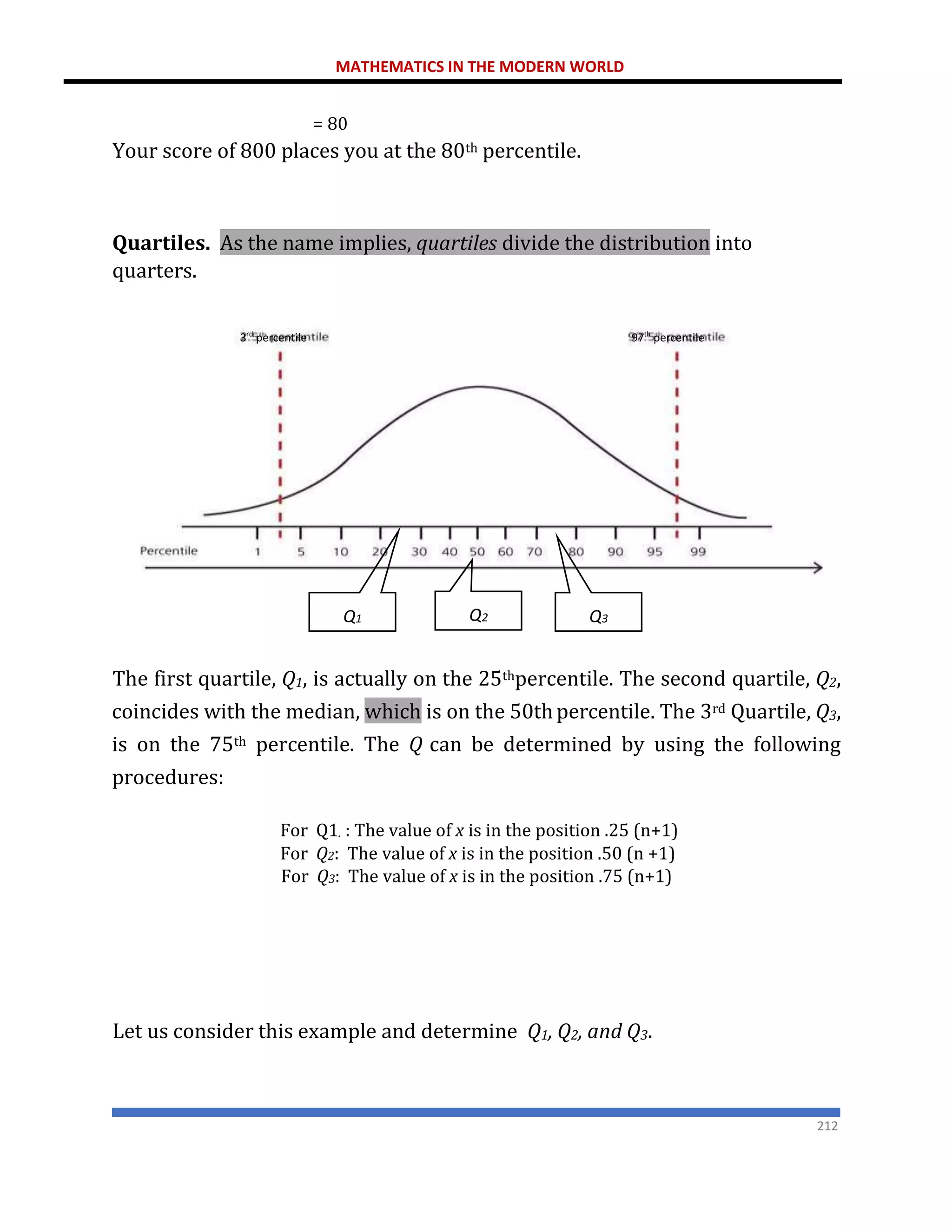 MATHEMATICS IN THE MODERN WORLD
212
= 80
Your score of 800 places you at the 80th percentile.
Quartiles. As the name implies, quartiles divide the distribution into
quarters.
The first quartile, Q1, is actually on the 25thpercentile. The second quartile, Q2,
coincides with the median, which is on the 50thpercentile. The 3rd Quartile, Q3,
is on the 75th percentile. The Q can be determined by using the following
procedures:
For Q1. : The value of x is in the position .25 (n+1)
For Q2: The value of x is in the position .50 (n +1)
For Q3: The value of x is in the position .75 (n+1)
Let us consider this example and determine Q1, Q2, and Q3.
97th
percentile
3rd
percentile
Q1 Q2 Q3
 