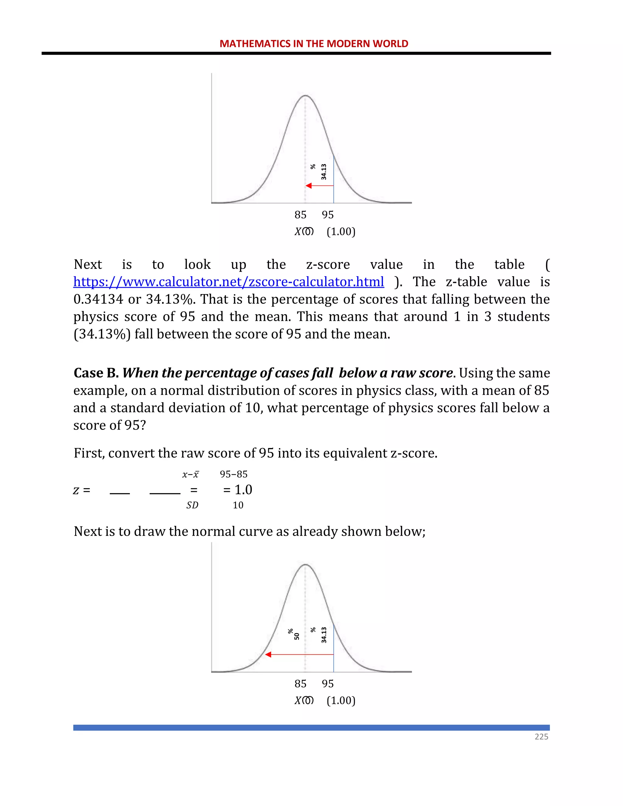 MATHEMATICS IN THE MODERN WORLD
225
85 95
𝑋ത (1.00)
Next is to look up the z-score value in the table (
https://www.calculator.net/zscore-calculator.html ). The z-table value is
0.34134 or 34.13%. That is the percentage of scores that falling between the
physics score of 95 and the mean. This means that around 1 in 3 students
(34.13%) fall between the score of 95 and the mean.
Case B. When the percentage of cases fall below a raw score. Using the same
example, on a normal distribution of scores in physics class, with a mean of 85
and a standard deviation of 10, what percentage of physics scores fall below a
score of 95?
First, convert the raw score of 95 into its equivalent z-score.
𝑥−𝑥̅ 95−85
𝑧 = = = 1.0
𝑆𝐷 10
Next is to draw the normal curve as already shown below;
85 95
𝑋ത (1.00)
 