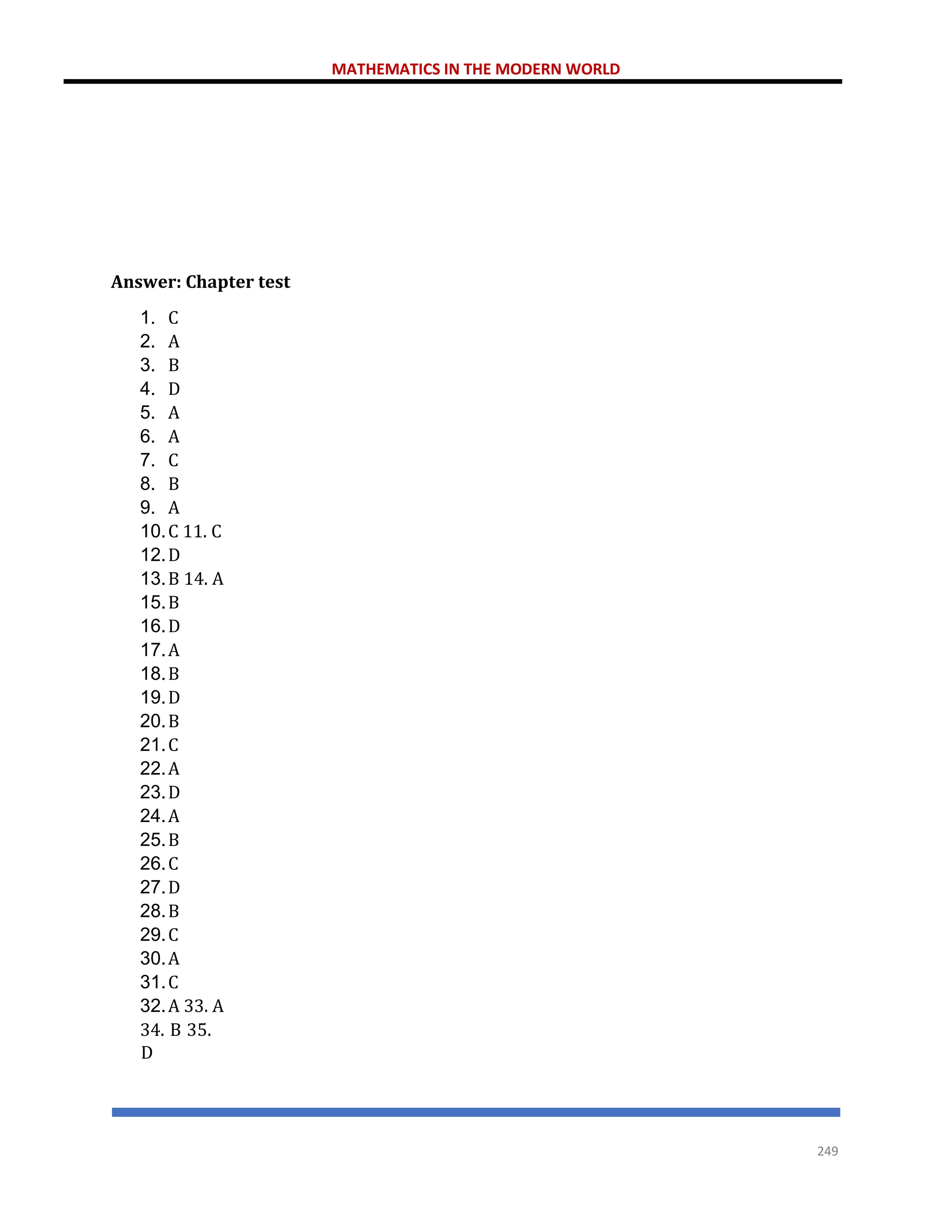 MATHEMATICS IN THE MODERN WORLD
249
Answer: Chapter test
1. C
2. A
3. B
4. D
5. A
6. A
7. C
8. B
9. A
10.C 11. C
12.D
13.B 14. A
15.B
16.D
17.A
18.B
19.D
20.B
21.C
22.A
23.D
24.A
25.B
26.C
27.D
28.B
29.C
30.A
31.C
32.A 33. A
34. B 35.
D
 