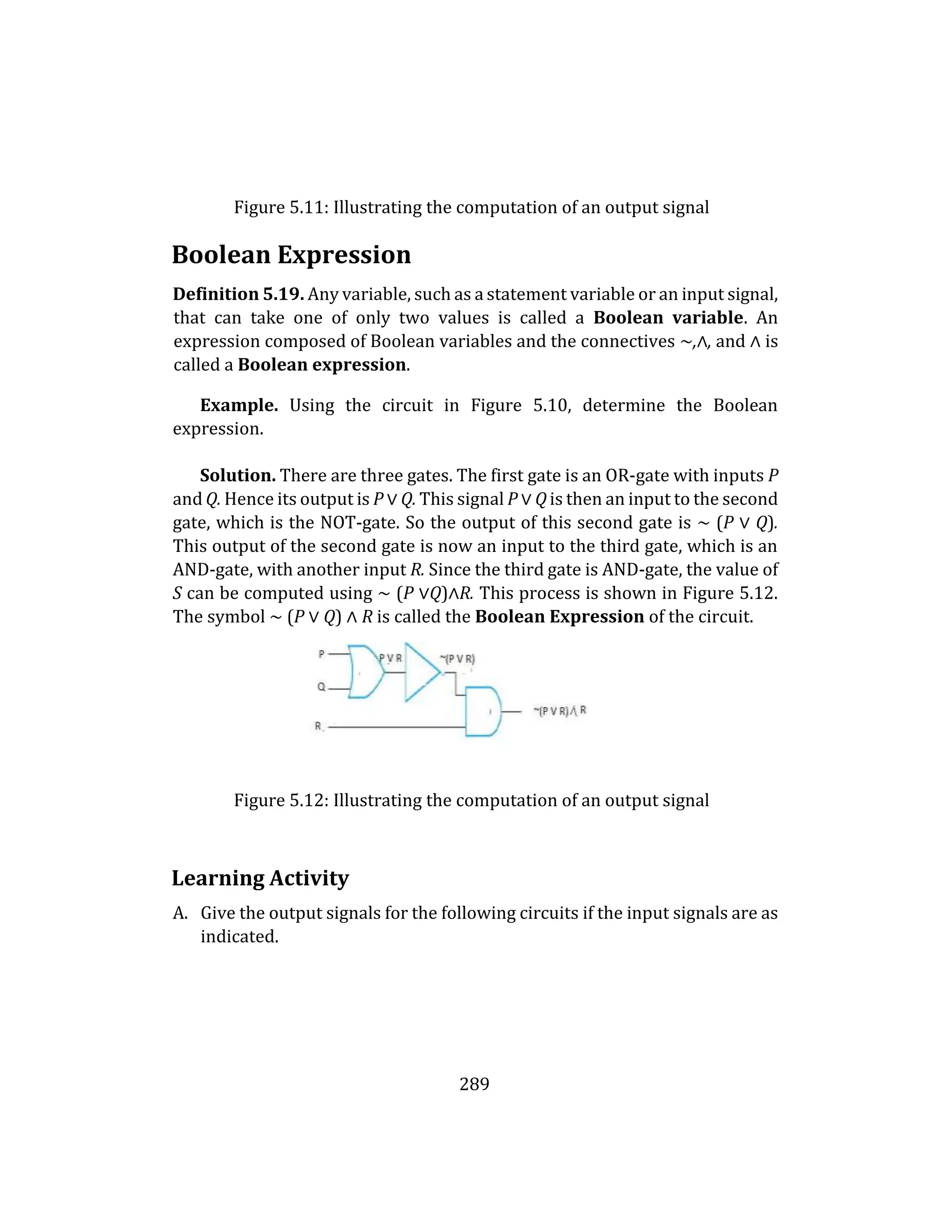 289
Figure 5.11: Illustrating the computation of an output signal
Boolean Expression
Definition 5.19. Any variable, such as a statement variable or an input signal,
that can take one of only two values is called a Boolean variable. An
expression composed of Boolean variables and the connectives ∼,∧, and ∧ is
called a Boolean expression.
Example. Using the circuit in Figure 5.10, determine the Boolean
expression.
Solution. There are three gates. The first gate is an OR-gate with inputs P
and Q. Hence its output is P ∨ Q. This signal P ∨ Q is then an input to the second
gate, which is the NOT-gate. So the output of this second gate is ∼ (P ∨ Q).
This output of the second gate is now an input to the third gate, which is an
AND-gate, with another input R. Since the third gate is AND-gate, the value of
S can be computed using ∼ (P ∨Q)∧R. This process is shown in Figure 5.12.
The symbol ∼ (P ∨ Q) ∧ R is called the Boolean Expression of the circuit.
Figure 5.12: Illustrating the computation of an output signal
Learning Activity
A. Give the output signals for the following circuits if the input signals are as
indicated.
 
