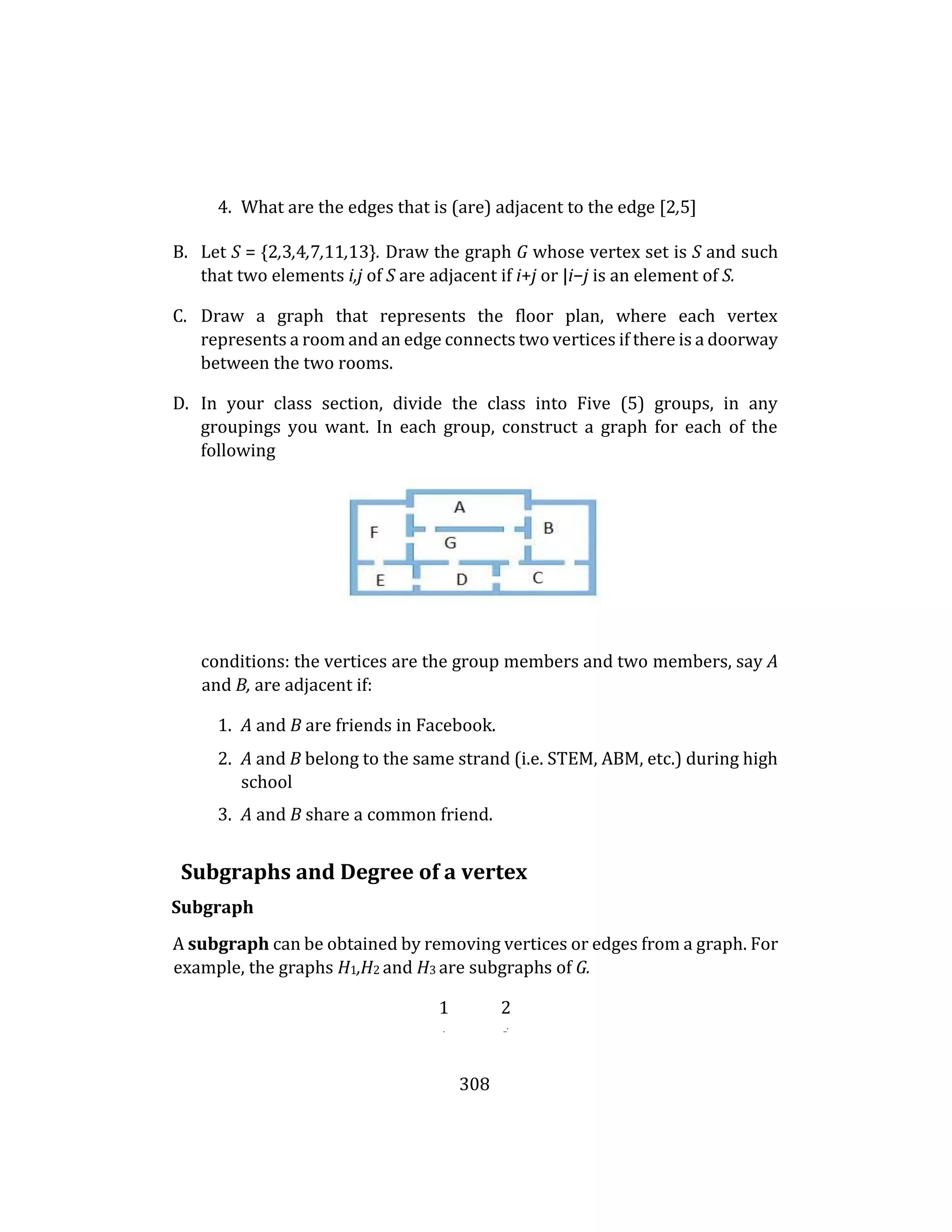 308
4. What are the edges that is (are) adjacent to the edge [2,5]
B. Let S = {2,3,4,7,11,13}. Draw the graph G whose vertex set is S and such
that two elements i,j of S are adjacent if i+j or |i−j is an element of S.
C. Draw a graph that represents the floor plan, where each vertex
represents a room and an edge connects two vertices if there is a doorway
between the two rooms.
D. In your class section, divide the class into Five (5) groups, in any
groupings you want. In each group, construct a graph for each of the
following
conditions: the vertices are the group members and two members, say A
and B, are adjacent if:
1. A and B are friends in Facebook.
2. A and B belong to the same strand (i.e. STEM, ABM, etc.) during high
school
3. A and B share a common friend.
Subgraphs and Degree of a vertex
Subgraph
A subgraph can be obtained by removing vertices or edges from a graph. For
example, the graphs H1,H2 and H3 are subgraphs of G.
1 2
. ...
 