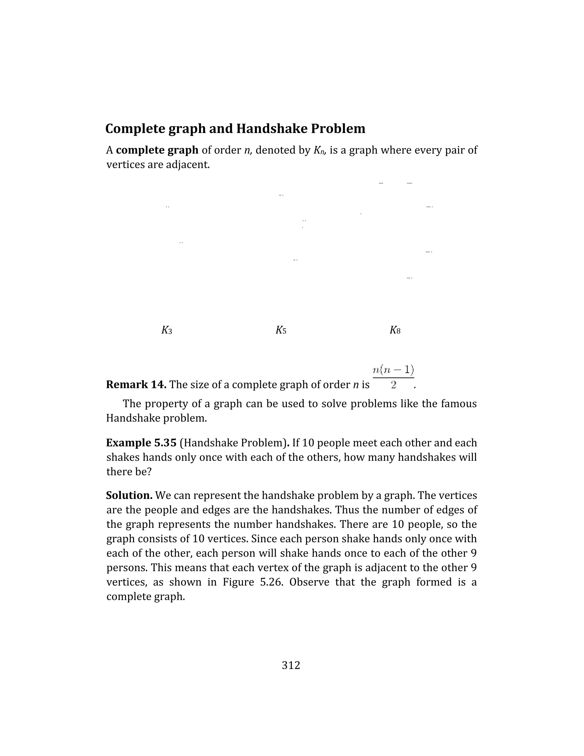 312
Complete graph and Handshake Problem
A complete graph of order n, denoted by Kn, is a graph where every pair of
vertices are adjacent.
.... .....
.. .
. . .... .
.
. .
.
. .
.... .
.. .
... .
K3 K5 K8
Remark 14. The size of a complete graph of order n is .
The property of a graph can be used to solve problems like the famous
Handshake problem.
Example 5.35 (Handshake Problem). If 10 people meet each other and each
shakes hands only once with each of the others, how many handshakes will
there be?
Solution. We can represent the handshake problem by a graph. The vertices
are the people and edges are the handshakes. Thus the number of edges of
the graph represents the number handshakes. There are 10 people, so the
graph consists of 10 vertices. Since each person shake hands only once with
each of the other, each person will shake hands once to each of the other 9
persons. This means that each vertex of the graph is adjacent to the other 9
vertices, as shown in Figure 5.26. Observe that the graph formed is a
complete graph.
 