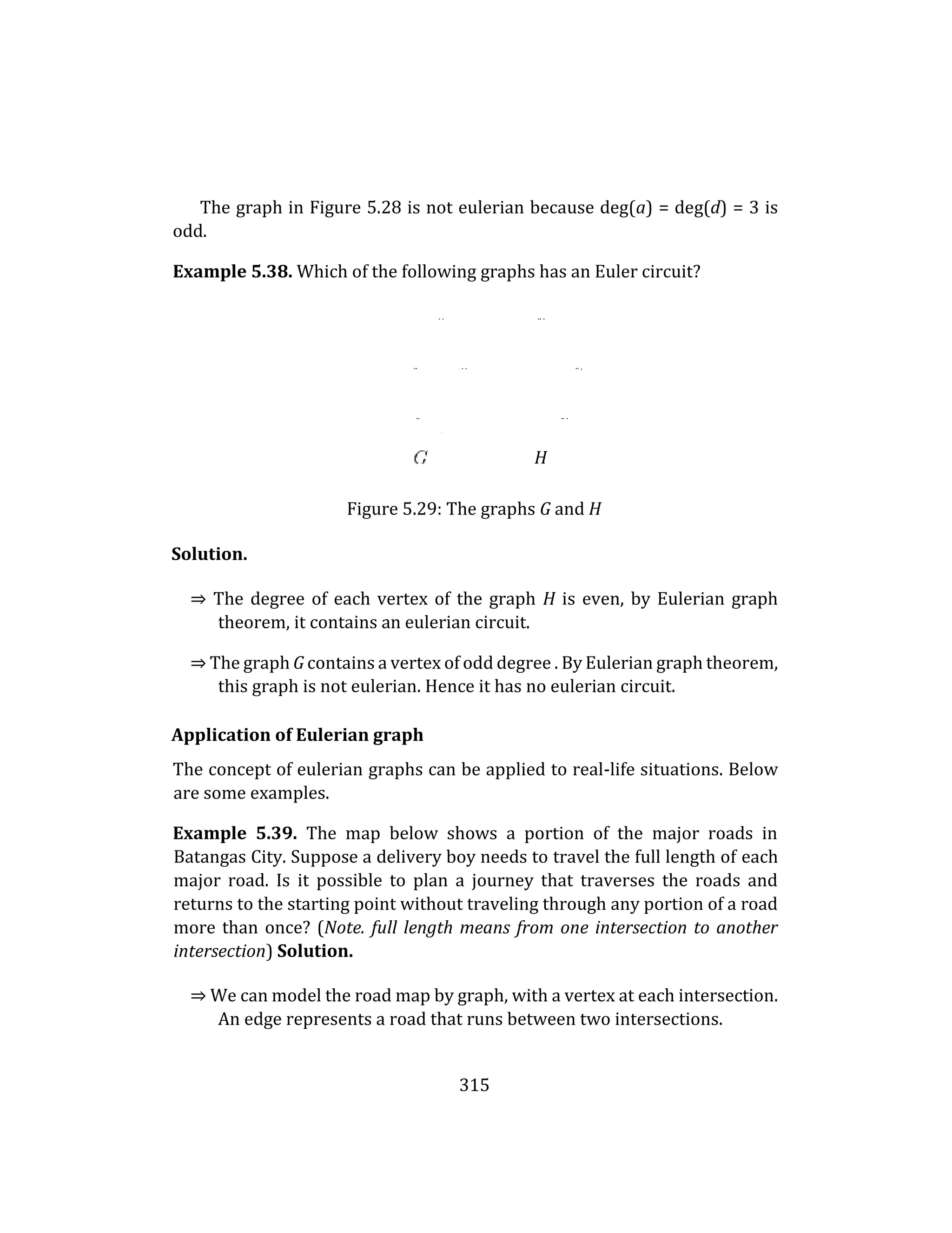 315
The graph in Figure 5.28 is not eulerian because deg(a) = deg(d) = 3 is
odd.
Example 5.38. Which of the following graphs has an Euler circuit?
. . .. .
.. . . .. .
.. .. .
H
Figure 5.29: The graphs G and H
Solution.
⇒ The degree of each vertex of the graph H is even, by Eulerian graph
theorem, it contains an eulerian circuit.
⇒ The graph G contains a vertex of odd degree . By Eulerian graph theorem,
this graph is not eulerian. Hence it has no eulerian circuit.
Application of Eulerian graph
The concept of eulerian graphs can be applied to real-life situations. Below
are some examples.
Example 5.39. The map below shows a portion of the major roads in
Batangas City. Suppose a delivery boy needs to travel the full length of each
major road. Is it possible to plan a journey that traverses the roads and
returns to the starting point without traveling through any portion of a road
more than once? (Note. full length means from one intersection to another
intersection) Solution.
⇒ We can model the road map by graph, with a vertex at each intersection.
An edge represents a road that runs between two intersections.
 