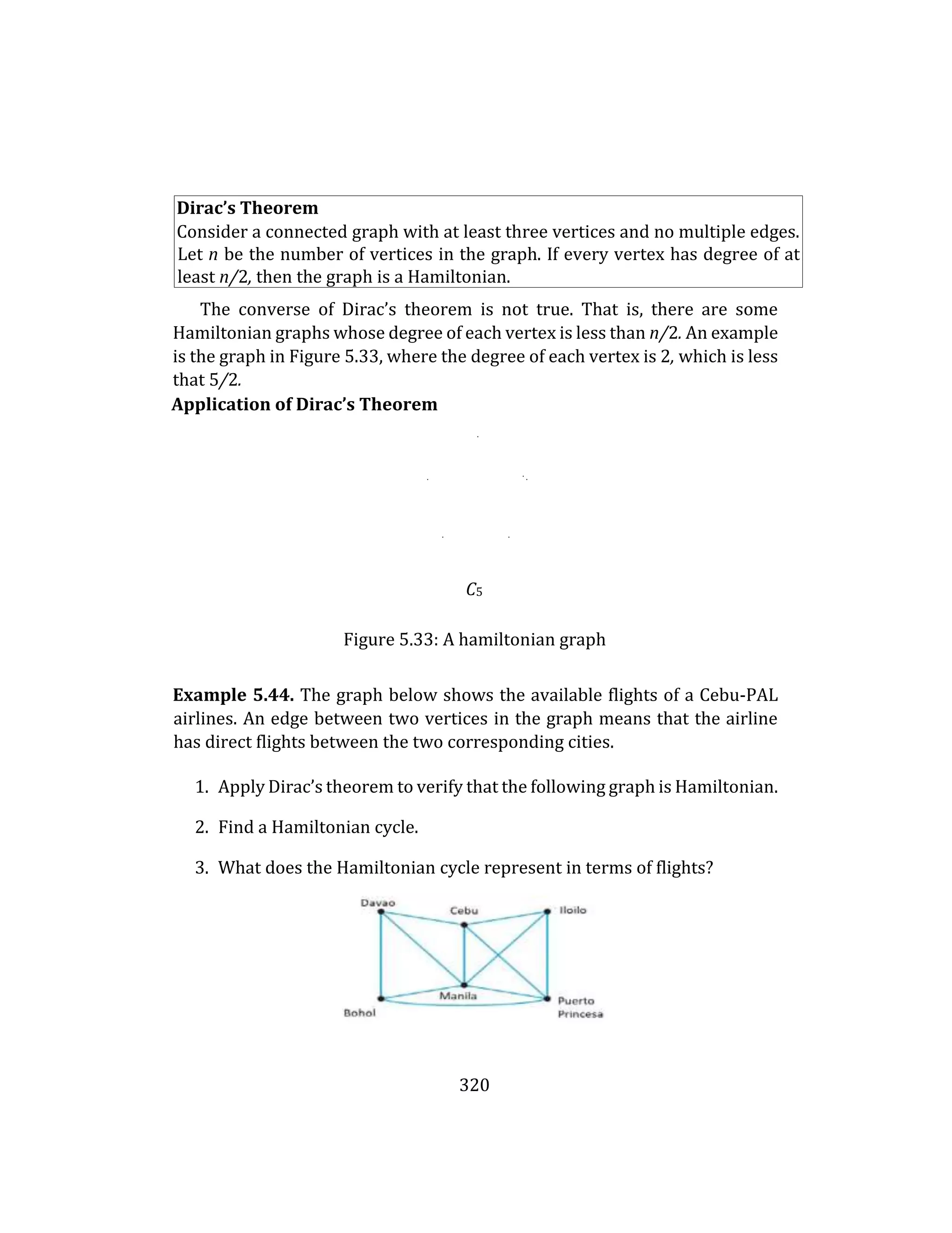 320
Dirac’s Theorem
Consider a connected graph with at least three vertices and no multiple edges.
Let n be the number of vertices in the graph. If every vertex has degree of at
least n/2, then the graph is a Hamiltonian.
The converse of Dirac’s theorem is not true. That is, there are some
Hamiltonian graphs whose degree of each vertex is less than n/2. An example
is the graph in Figure 5.33, where the degree of each vertex is 2, which is less
that 5/2.
Application of Dirac’s Theorem
.
. . .
. .
C5
Figure 5.33: A hamiltonian graph
Example 5.44. The graph below shows the available flights of a Cebu-PAL
airlines. An edge between two vertices in the graph means that the airline
has direct flights between the two corresponding cities.
1. Apply Dirac’s theorem to verify that the following graph is Hamiltonian.
2. Find a Hamiltonian cycle.
3. What does the Hamiltonian cycle represent in terms of flights?
 