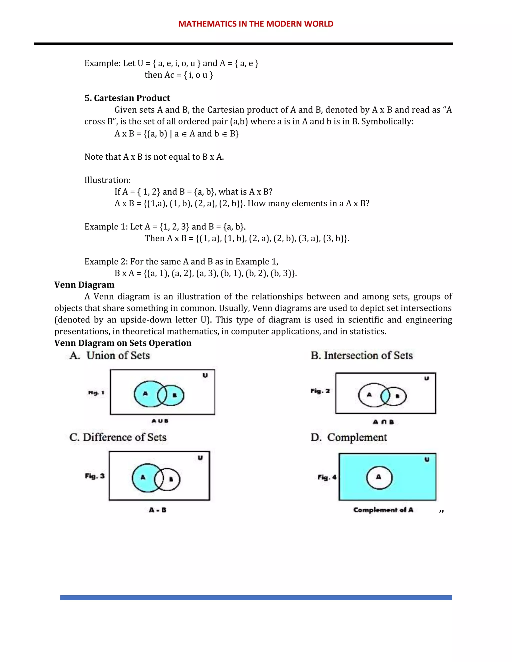 MATHEMATICS IN THE MODERN WORLD
Example: Let U = { a, e, i, o, u } and A = { a, e }
then Ac = { i, o u }
5. Cartesian Product
Given sets A and B, the Cartesian product of A and B, denoted by A x B and read as “A
cross B”, is the set of all ordered pair (a,b) where a is in A and b is in B. Symbolically:
A x B = {(a, b) | a  A and b  B}
Note that A x B is not equal to B x A.
Illustration:
If A = { 1, 2} and B = {a, b}, what is A x B?
A x B = {(1,a), (1, b), (2, a), (2, b)}. How many elements in a A x B?
Example 1: Let A = {1, 2, 3} and B = {a, b}.
Then A x B = {(1, a), (1, b), (2, a), (2, b), (3, a), (3, b)}.
Example 2: For the same A and B as in Example 1,
B x A = {(a, 1), (a, 2), (a, 3), (b, 1), (b, 2), (b, 3)}.
Venn Diagram
A Venn diagram is an illustration of the relationships between and among sets, groups of
objects that share something in common. Usually, Venn diagrams are used to depict set intersections
(denoted by an upside-down letter U). This type of diagram is used in scientific and engineering
presentations, in theoretical mathematics, in computer applications, and in statistics.
Venn Diagram on Sets Operation
’’
 