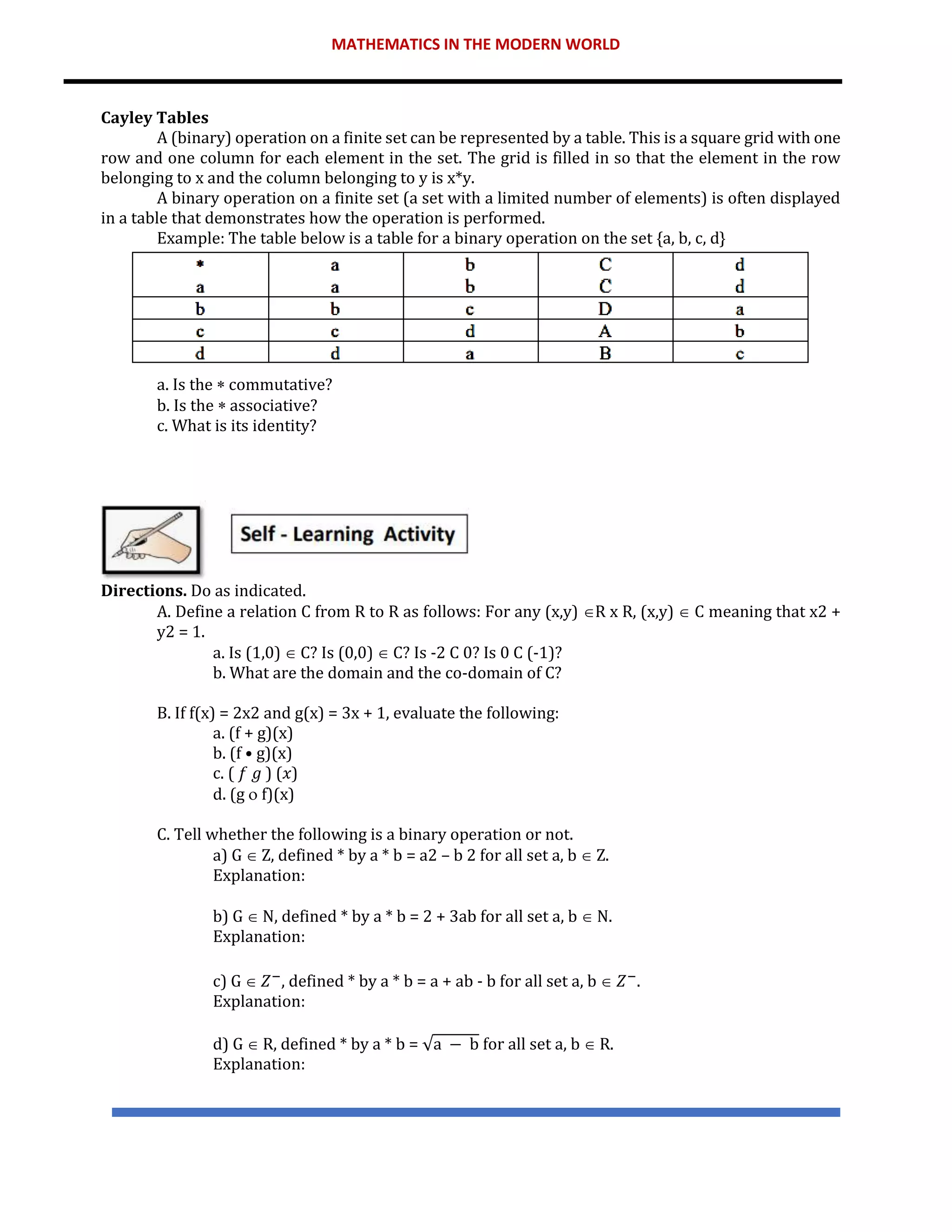 MATHEMATICS IN THE MODERN WORLD
Cayley Tables
A (binary) operation on a finite set can be represented by a table. This is a square grid with one
row and one column for each element in the set. The grid is filled in so that the element in the row
belonging to x and the column belonging to y is x*y.
A binary operation on a finite set (a set with a limited number of elements) is often displayed
in a table that demonstrates how the operation is performed.
Example: The table below is a table for a binary operation on the set {a, b, c, d}
a. Is the  commutative?
b. Is the  associative?
c. What is its identity?
Directions. Do as indicated.
A. Define a relation C from R to R as follows: For any (x,y) R x R, (x,y)  C meaning that x2 +
y2 = 1.
a. Is (1,0)  C? Is (0,0)  C? Is -2 C 0? Is 0 C (-1)?
b. What are the domain and the co-domain of C?
B. If f(x) = 2x2 and g(x) = 3x + 1, evaluate the following:
a. (f + g)(x)
b. (f • g)(x)
c. ( 𝑓 𝑔 ) (𝑥)
d. (g  f)(x)
C. Tell whether the following is a binary operation or not.
a) G  Z, defined * by a * b = a2 – b 2 for all set a, b  Z.
Explanation:
b) G  N, defined * by a * b = 2 + 3ab for all set a, b  N.
Explanation:
c) G  𝑍−
, defined * by a * b = a + ab - b for all set a, b  𝑍−
.
Explanation:
d) G  R, defined * by a * b = √a − b for all set a, b  R.
Explanation:
 
