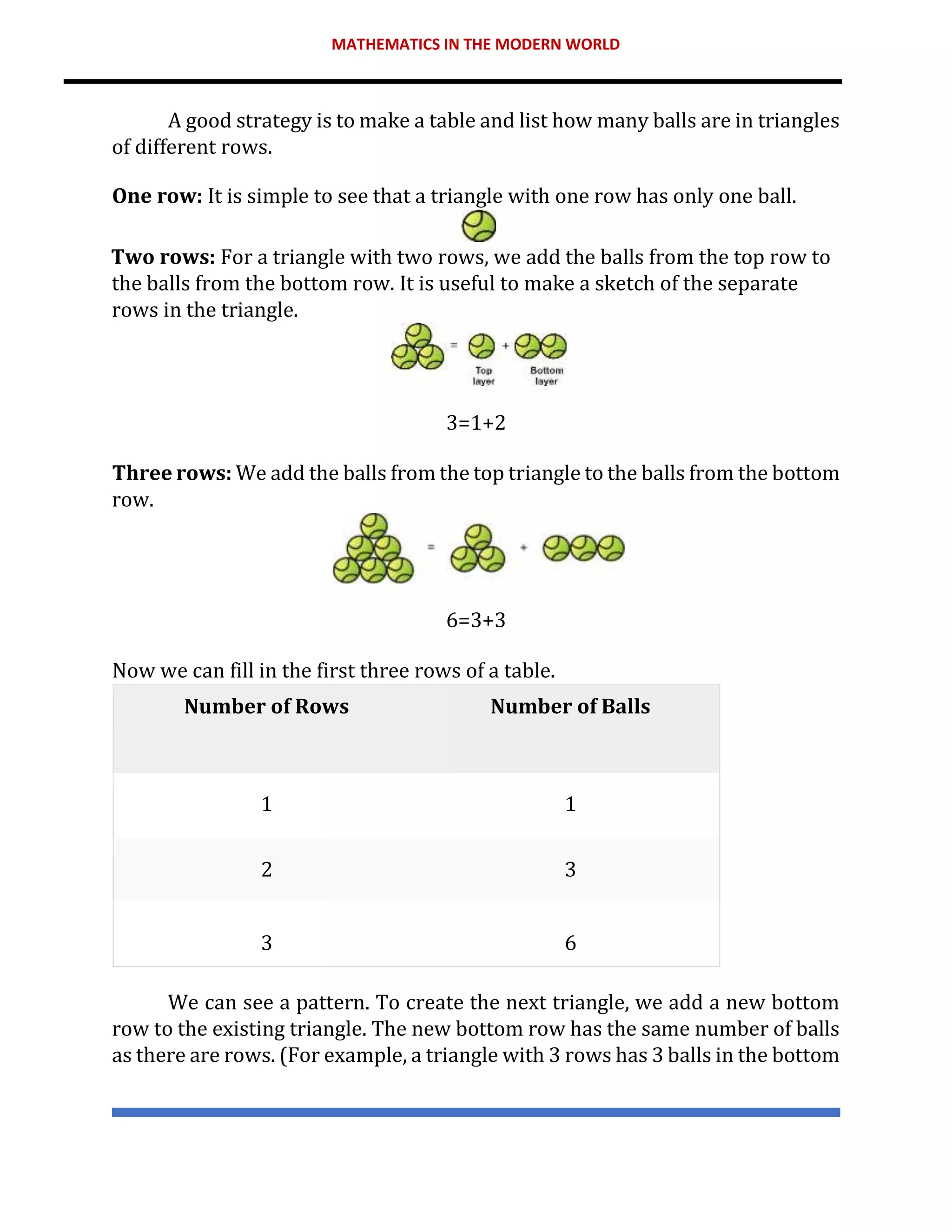 MATHEMATICS IN THE MODERN WORLD
A good strategy is to make a table and list how many balls are in triangles
of different rows.
One row: It is simple to see that a triangle with one row has only one ball.
Two rows: For a triangle with two rows, we add the balls from the top row to
the balls from the bottom row. It is useful to make a sketch of the separate
rows in the triangle.
3=1+2
Three rows: We add the balls from the top triangle to the balls from the bottom
row.
6=3+3
Now we can fill in the first three rows of a table.
Number of Rows Number of Balls
1 1
2 3
3 6
We can see a pattern. To create the next triangle, we add a new bottom
row to the existing triangle. The new bottom row has the same number of balls
as there are rows. (For example, a triangle with 3 rows has 3 balls in the bottom
 