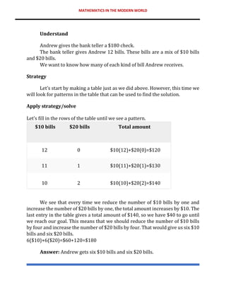 MATHEMATICS IN THE MODERN WORLD
Understand
Andrew gives the bank teller a $180 check.
The bank teller gives Andrew 12 bills. These bills are a mix of $10 bills
and $20 bills.
We want to know how many of each kind of bill Andrew receives.
Strategy
Let’s start by making a table just as we did above. However, this time we
will look for patterns in the table that can be used to find the solution.
Apply strategy/solve
Let’s fill in the rows of the table until we see a pattern.
$10 bills $20 bills Total amount
12 0 $10(12)+$20(0)=$120
11 1 $10(11)+$20(1)=$130
10 2 $10(10)+$20(2)=$140
We see that every time we reduce the number of $10 bills by one and
increase the number of $20 bills by one, the total amount increases by $10. The
last entry in the table gives a total amount of $140, so we have $40 to go until
we reach our goal. This means that we should reduce the number of $10 bills
by four and increase the number of $20 bills by four. That would give us six $10
bills and six $20 bills.
6($10)+6($20)=$60+120=$180
Answer: Andrew gets six $10 bills and six $20 bills.
 