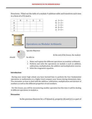MATHEMATICS IN THE MODERN WORLD
Directions: Filled out the table of a modulo 4 addition table and transform each item
in a form of a b mod n.
a) 3 + 3 =
b) 2 + 3 =
c) 1 + 2 =
d) 0 + 0 =
e) 2 + 2 =
Specific Objective
At the end of the lesson, the student
should be able to:
1. Name and explain the different operations on modular arithmetic.
2. Perform and solve the operations on modulo n such as addition,
subtraction, multiplication, the additive and multiplicative inverse.
3. Solve the congruence equation.
Introduction
During your senior high school, you have learned how to perform the four fundamental
operations in mathematics in a higher level compare your lesson during elementary days.
You encounter on how to deal with the addition, subtraction, multiplication and division of
numbers as well as the different properties of real numbers.
For this lesson, you will be encountering another operation but this time it will be dealing
in different operations in modulo n.
Discussion
In the previous theorem for a b(mod n), property (d) and (e) is a part of
+ 0 1 2 3
0
1
2
3
Operations on Modular Arithmetic
Lesson
4.2
 