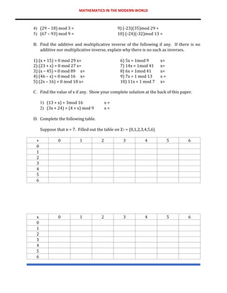 MATHEMATICS IN THE MODERN WORLD
4) (29 – 18) mod 3 = 9) (-23)(35)mod 29 =
5) (67 – 93) mod 9 = 10) (-24)(-32)mod 13 =
B. Find the additive and multiplicative inverse of the following if any. If there is no
additive nor multiplicative inverse, explain why there is no such as inverses.
1) (x + 15) = 0 mod 29 x= 6) 5x = 1mod 9 x=
2) (23 + x) = 0 mod 27 x= 7) 14x = 1mod 41 x=
3) (x – 45) = 0 mod 89 x= 8) 6x = 1mod 41 x=
4) (46 – x) = 0 mod 16 x= 9) 7x = 1 mod 13 x =
5) (2x – 16) = 0 mod 18 x= 10) 11x = 1 mod 7 x=
C. Find the value of x if any. Show your complete solution at the back of this paper.
1) (13 + x) = 3mod 16 x =
2) (3x + 24) = (4 + x) mod 9 x =
D. Complete the following table.
Suppose that n = 7. Filled out the table on Z7 = {0,1,2,3,4,5,6}
+ 0 1 2 3 4 5 6
0
1
2
3
4
5
6
x 0 1 2 3 4 5 6
0
1
2
3
4
5
6
 