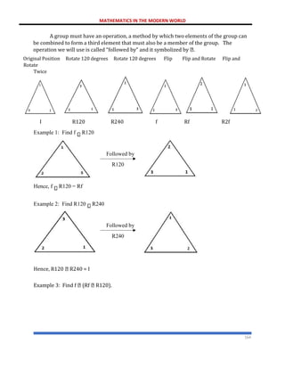 MATHEMATICS IN THE MODERN WORLD
164
A group must have an operation, a method by which two elements of the group can
be combined to form a third element that must also be a member of the group. The
operation we will use is called “followed by” and it symbolized by .
Original Position Rotate 120 degrees Rotate 120 degrees Flip Flip and Rotate Flip and
Rotate
Twice
I R120 R240 f Rf R2f
Hence, R120 R240 = I
Example 3: Find f (Rf R120).
Example 1: Find f R120
Followed by
R120
Hence, f R120 = Rf
Example 2: Find R120 R240
Followed by
R240
 