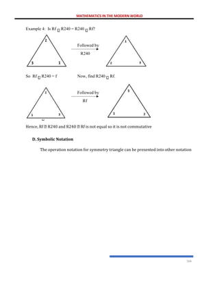 MATHEMATICS IN THE MODERN WORLD
166
Hence, Rf R240 and R240 Rf is not equal so it is not commutative
D. Symbolic Notation
The operation notation for symmetry triangle can be presented into other notation
Example 4: Is Rf R240 = R240 Rf?
Followed by
R240
So Rf R240 = f Now, find R240 Rf.
Followed by
Rf
So R240 Rf = R2f
 