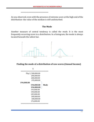 MATHEMATICS IN THE MODERN WORLD
195
===========================
As you observed, even with the presence of extreme score at the high end of the
distribution- the value of the median is still undisturbed.
The Mode
Another measure of central tendency is called the mode. It is the most
frequently occurring score in a distribution. In a histogram, the mode is always
located beneath the tallest bar.
Finding the mode of a distribution of raw scores (Annual Income)
X
===========================
Php 2, 500,000.00
200,000.00
200,000.00
195,000.00
194,000.00
194,000.00 Mode
194,000.00
193,000.00
190,000.00
185,000.00
180,000.00
180,000.00
176,000.00
===========================
 