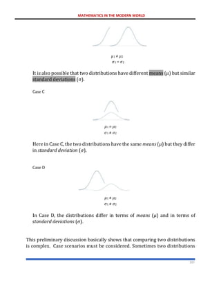 MATHEMATICS IN THE MODERN WORLD
207
𝜇1 ≠ 𝜇2
𝜎1 = 𝜎2
It is also possible that two distributions have different means (𝜇) but similar
standard deviations (𝜎).
Case C
𝜇1 = 𝜇2
𝜎1 ≠ 𝜎2
Here in Case C, the two distributions have the same means (𝜇) but they differ
in standard deviation (𝜎).
Case D
𝜇1 ≠ 𝜇2
𝜎1 ≠ 𝜎2
In Case D, the distributions differ in terms of means (𝜇) and in terms of
standard deviations (𝜎).
This preliminary discussion basically shows that comparing two distributions
is complex. Case scenarios must be considered. Sometimes two distributions
𝜇1 ≠ 𝜇2
𝜎1 = 𝜎2
 