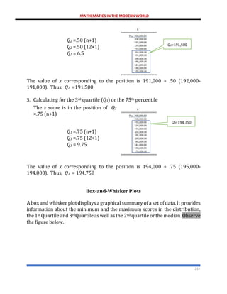 MATHEMATICS IN THE MODERN WORLD
214
Q2 =.50 (n+1)
Q2 =.50 (12+1)
Q2 = 6.5
The value of x corresponding to the position is 191,000 + .50 (192,000-
191,000). Thus, Q2 =191,500
3. Calculating for the 3rd quartile (Q3) or the 75th percentile
The x score is in the position of Q3
=.75 (n+1)
Q3 =.75 (n+1)
Q3 =.75 (12+1)
Q3 = 9.75
The value of x corresponding to the position is 194,000 + .75 (195,000-
194,000). Thus, Q3 = 194,750
Box-and-Whisker Plots
A box and whisker plot displays a graphical summary of a set of data. It provides
information about the minimum and the maximum scores in the distribution,
the 1st Quartile and 3rdQuartile as well as the 2nd quartile or the median. Observe
the figure below.
Q2=191,500
Q3=194,750
 