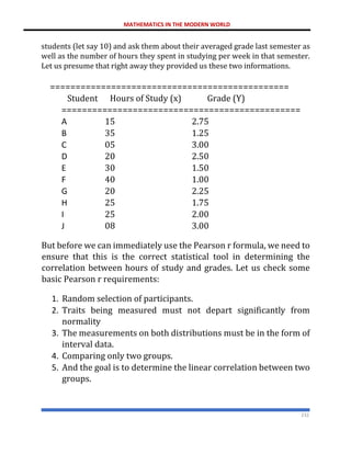 MATHEMATICS IN THE MODERN WORLD
232
students (let say 10) and ask them about their averaged grade last semester as
well as the number of hours they spent in studying per week in that semester.
Let us presume that right away they provided us these two informations.
===============================================
Student Hours of Study (x) Grade (Y)
===============================================
A 15 2.75
B 35 1.25
C 05 3.00
D 20 2.50
E 30 1.50
F 40 1.00
G 20 2.25
H 25 1.75
I 25 2.00
J 08 3.00
But before we can immediately use the Pearson r formula, we need to
ensure that this is the correct statistical tool in determining the
correlation between hours of study and grades. Let us check some
basic Pearson r requirements:
1. Random selection of participants.
2. Traits being measured must not depart significantly from
normality
3. The measurements on both distributions must be in the form of
interval data.
4. Comparing only two groups.
5. And the goal is to determine the linear correlation between two
groups.
 