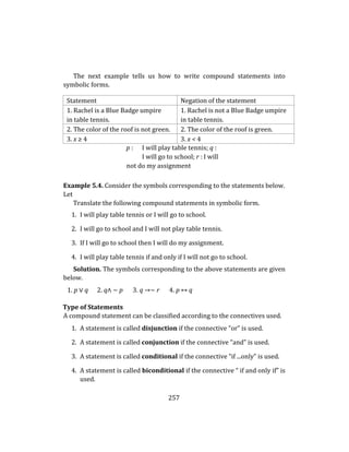 257
The next example tells us how to write compound statements into
symbolic forms.
Statement Negation of the statement
1. Rachel is a Blue Badge umpire 1. Rachel is not a Blue Badge umpire
in table tennis. in table tennis.
2. The color of the roof is not green. 2. The color of the roof is green.
3. x ≥ 4 3. x < 4
p : I will play table tennis; q :
I will go to school; r : I will
not do my assignment
Example 5.4. Consider the symbols corresponding to the statements below.
Let
Translate the following compound statements in symbolic form.
1. I will play table tennis or I will go to school.
2. I will go to school and I will not play table tennis.
3. If I will go to school then I will do my assignment.
4. I will play table tennis if and only if I will not go to school.
Solution. The symbols corresponding to the above statements are given
below.
1. p ∨ q 2. q∧ ∼ p 3. q →∼ r 4. p ↔ q
Type of Statements
A compound statement can be classified according to the connectives used.
1. A statement is called disjunction if the connective “or” is used.
2. A statement is called conjunction if the connective “and” is used.
3. A statement is called conditional if the connective “if ...only” is used.
4. A statement is called biconditional if the connective “ if and only if” is
used.
 