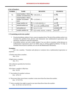 MATHEMATICS IN THE MODERN WORLD
c) Set of Numbers
F. Translating words into symbol
• Practical problems seldom, if ever, come in equation form. The job of the problem solver is to
translate the problem from phrases and statements into mathematical expressions and
equations, and then to solve the equations.
• As problem solvers, our job is made simpler if we are able to translate verbal phrases to
mathematical expressions and if we follow step in solving applied problems. To help us
translate from words to symbols, we can use the Mathematics Dictionary.
Examples:
Let x be a number. Translate each phrase or sentence into a mathematical expression or
equation.
1.Twelve more than a number.
Ans.: 12+x
2.Eight minus a number.
Ans.: 8−x
3.An unknown quantity less fourteen.
Ans.: x−14
4.Six times a number is fifty-four.
Ans.: 6x=54
5. Two ninths of a number is eleven.
Ans.: 2/9x=11
6. Three more than seven times a number is nine more than five times the number.
Ans.: 3+7x=9+5x
7. Twice a number less eight is equal to one more than three times the number.
Ans.: 2x−8=3x+1 or 2x−8=1+3x
 