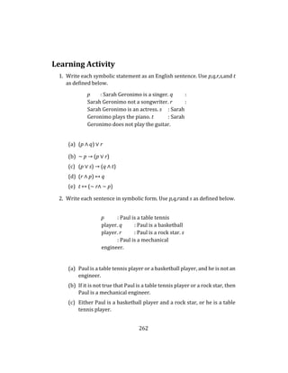 262
Learning Activity
1. Write each symbolic statement as an English sentence. Use p,q,r,s,and t
as defined below.
p : Sarah Geronimo is a singer. q :
Sarah Geronimo not a songwriter. r :
Sarah Geronimo is an actress. s : Sarah
Geronimo plays the piano. t : Sarah
Geronimo does not play the guitar.
(a) (p ∧ q) ∨ r
(b) ∼ p → (p ∨ r)
(c) (p ∨ s) → (q ∧ t)
(d) (r ∧ p) ↔ q
(e) t ↔ (∼ r∧ ∼ p)
2. Write each sentence in symbolic form. Use p,q,rand s as defined below.
p : Paul is a table tennis
player. q : Paul is a basketball
player. r : Paul is a rock star. s
: Paul is a mechanical
engineer.
(a) Paul is a table tennis player or a basketball player, and he is not an
engineer.
(b) If it is not true that Paul is a table tennis player or a rock star, then
Paul is a mechanical engineer.
(c) Either Paul is a basketball player and a rock star, or he is a table
tennis player.
 